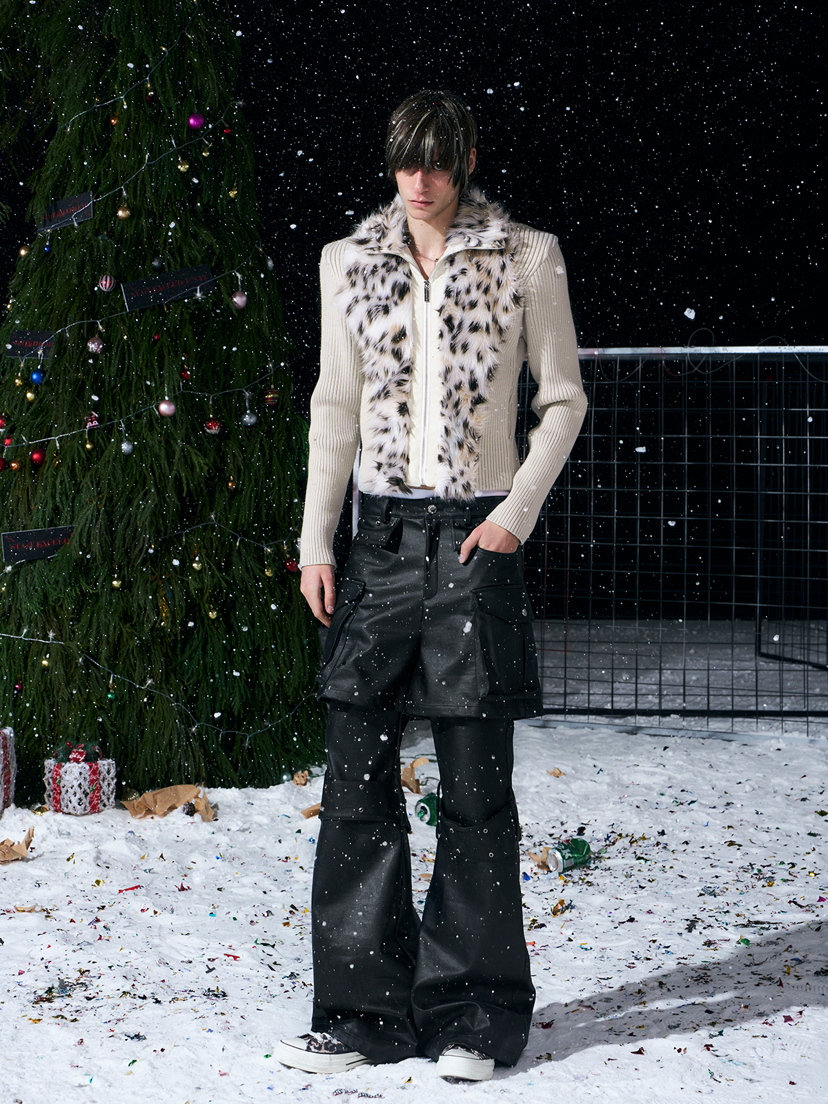 BEIGE LEOPARD FUR KNIT ZIP-UP