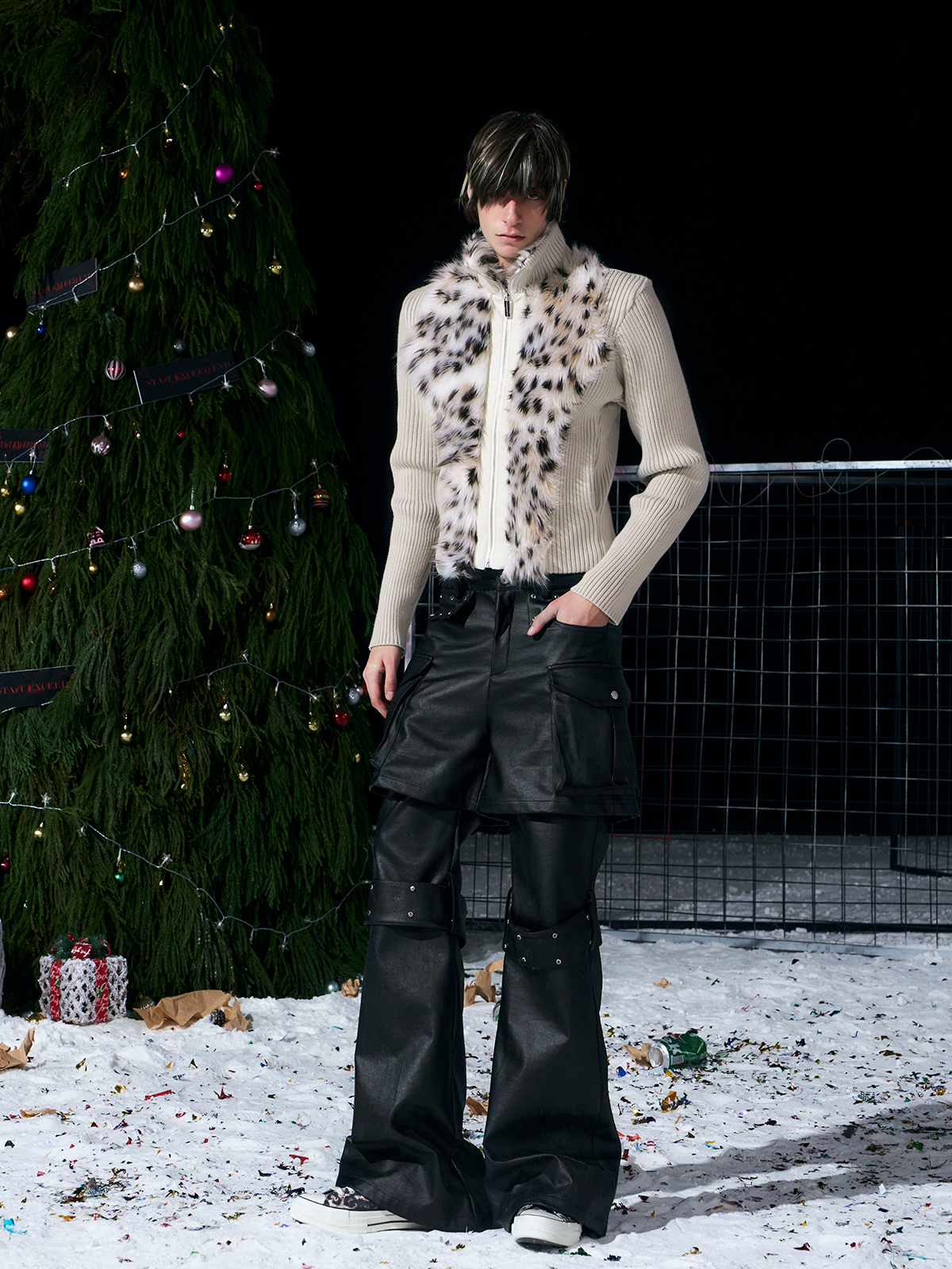 BEIGE LEOPARD FUR KNIT ZIP-UP