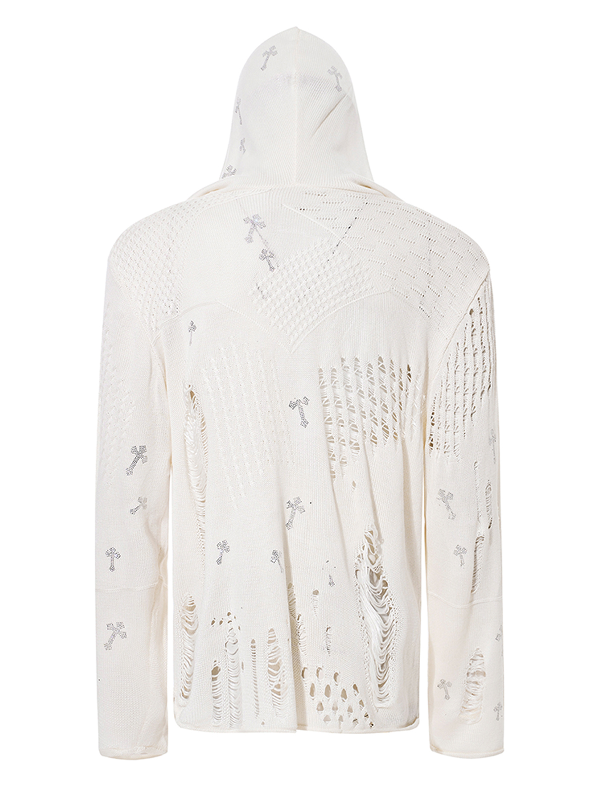 DISTRESSED CROSS RHINESTONE HOODED KNIT SWEATER-WHITE