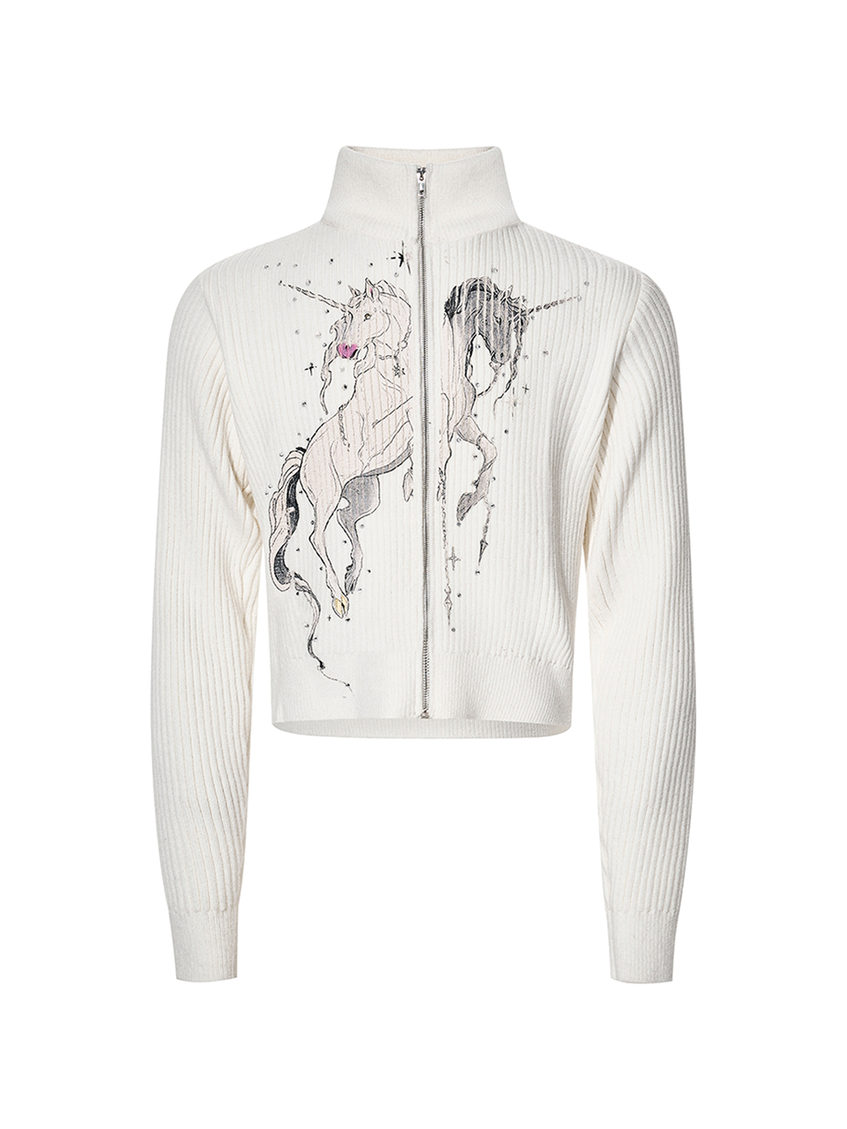 UNICORN GRAPHIC RIBBED ZIP-UP KNIT-WHITE