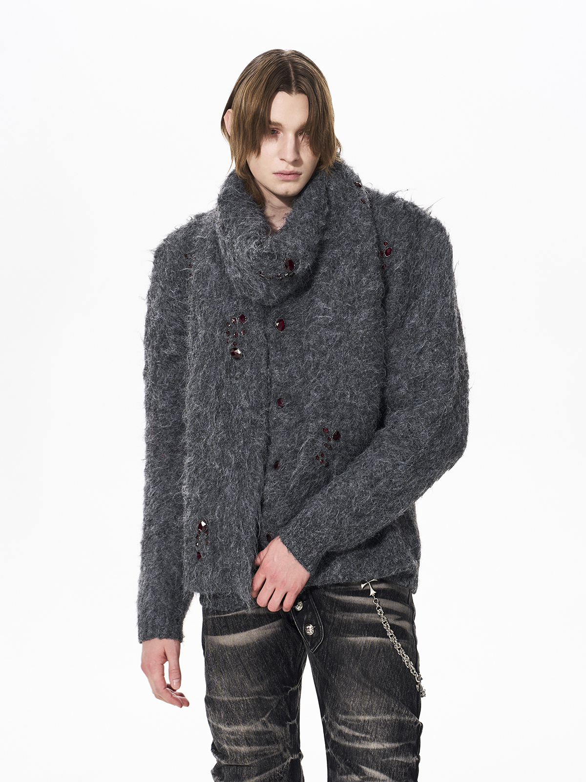 GEMSTONE SCATTERED SHAGGY MOHAIR CARDIGAN-GREY