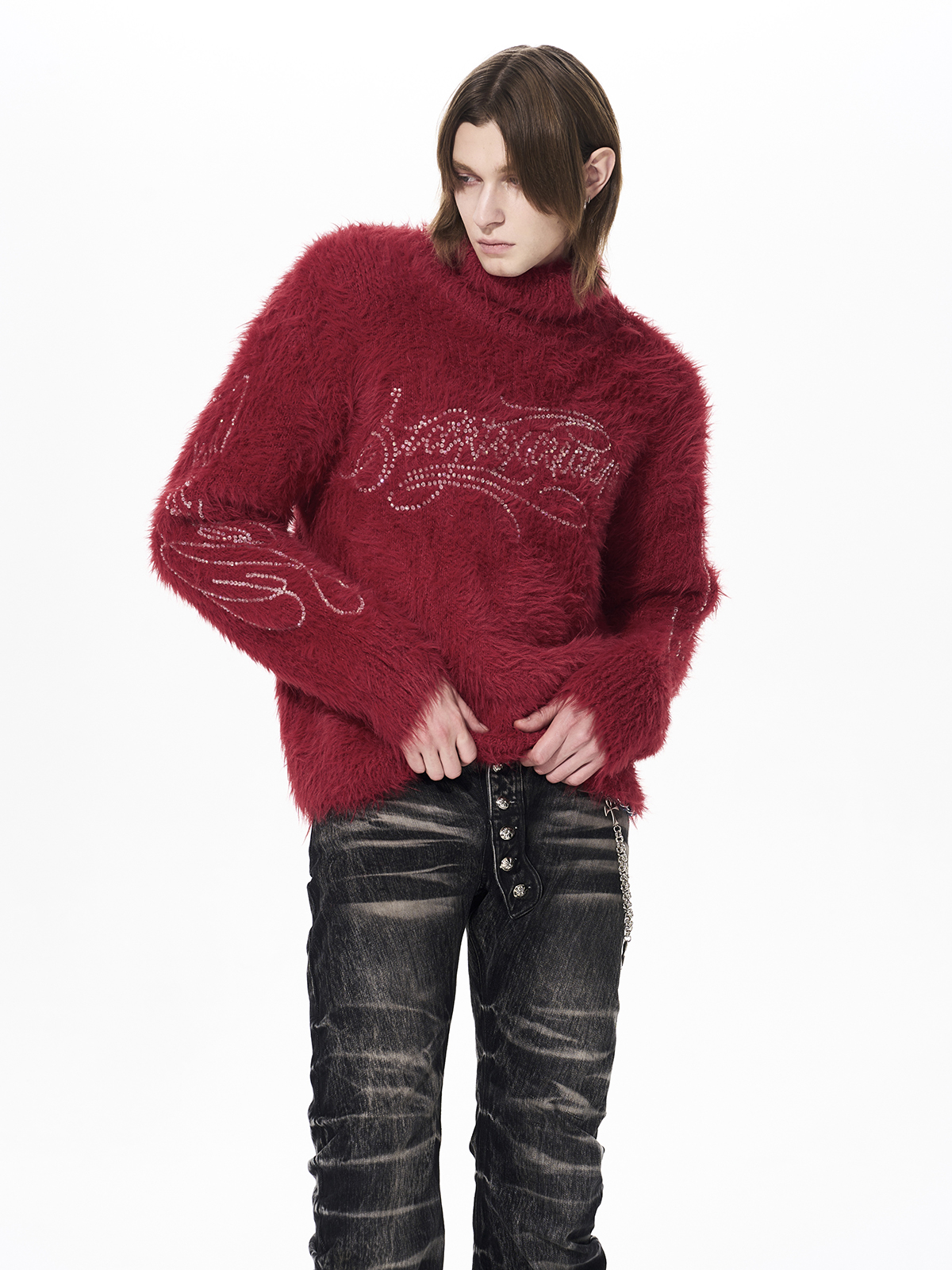 RHINESTONE LOGO FUZZY HIGH NECK KNIT-RED
