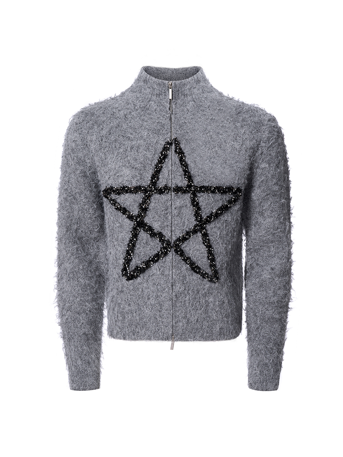 MOHAIR STAR ZIP-UP STAND COLLAR KNIT-GREY