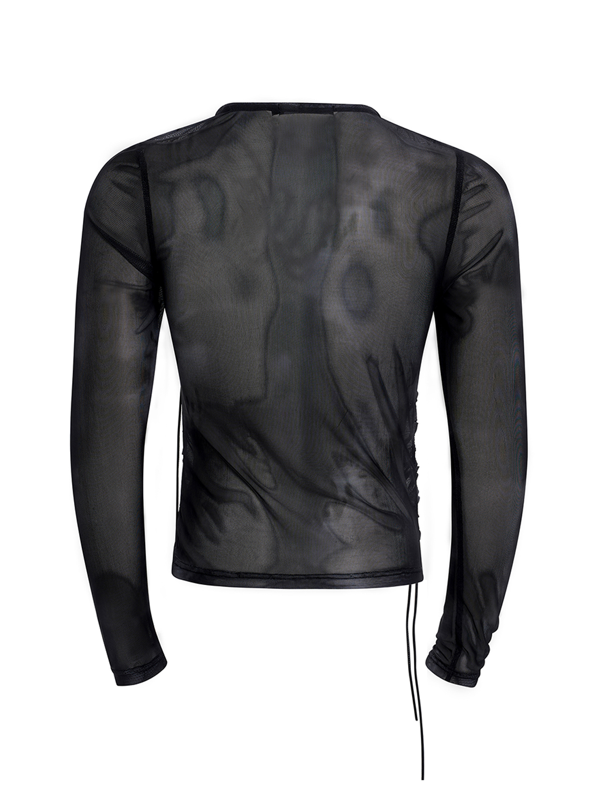 ASYMMETRICAL LACE-UP SHEER MESH TOP-BLACK