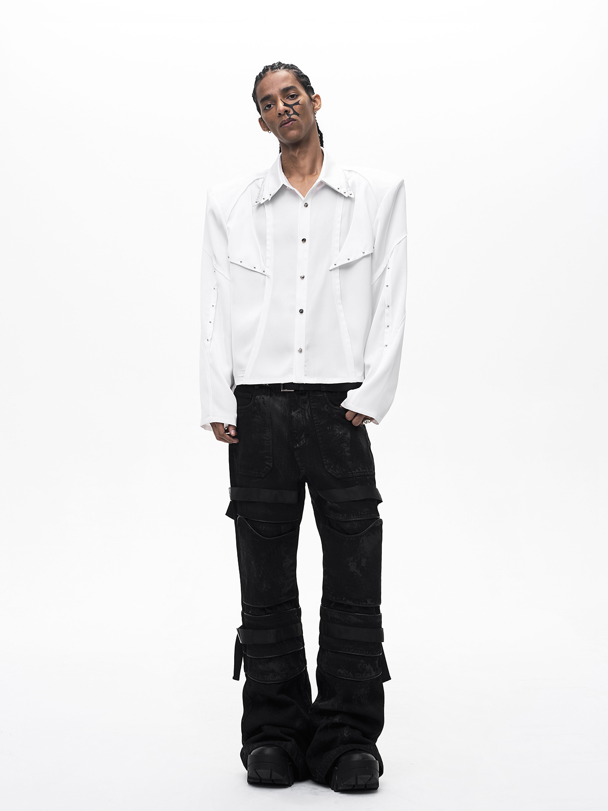 TRIPLE COLLAR DECONSTRUCTED LONG SLEEVE SHIRT-WHITE