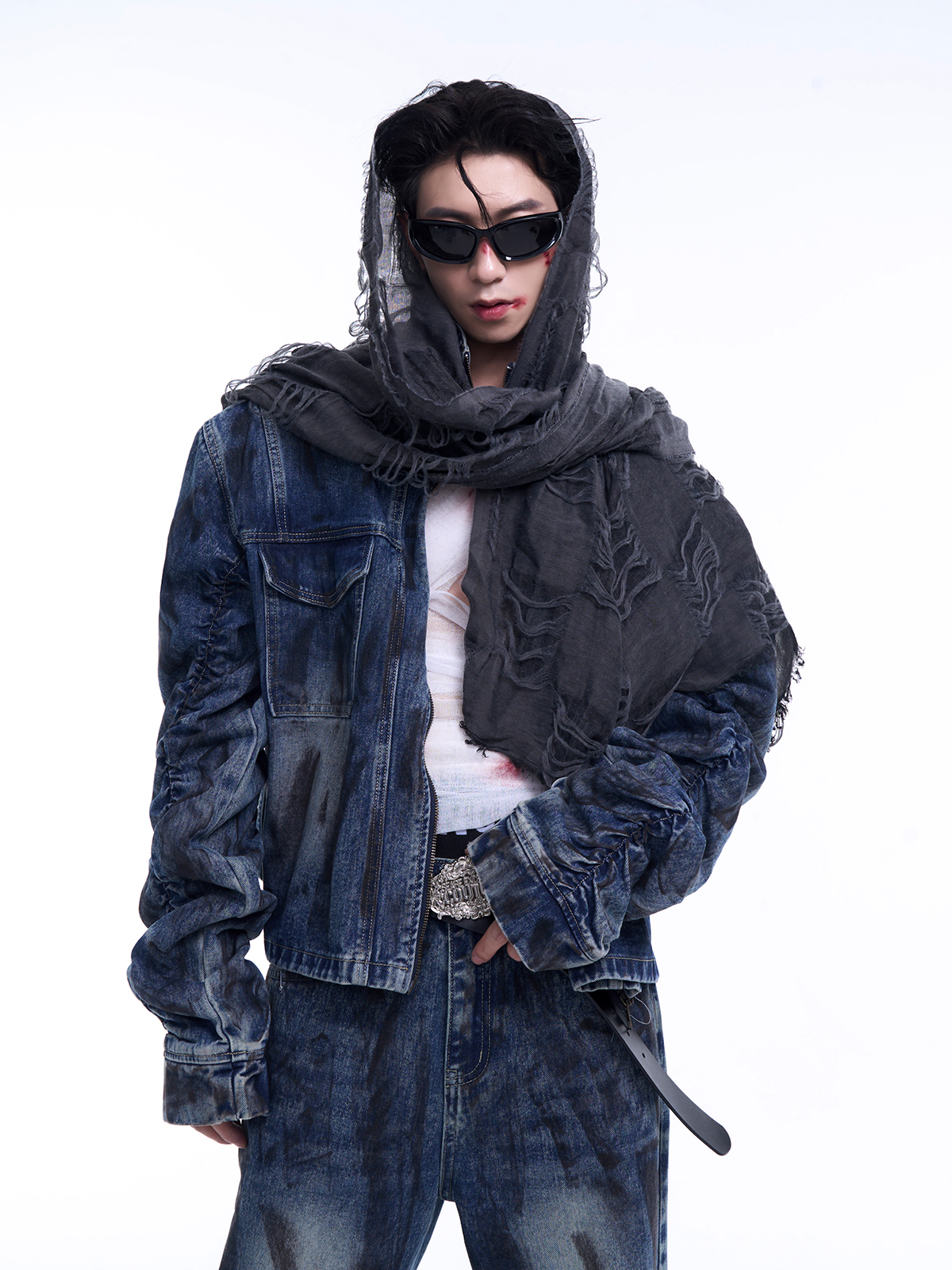 MUD WASH RUCHED DENIM JACKET & FLARED JEANS SET-START EXCEED END