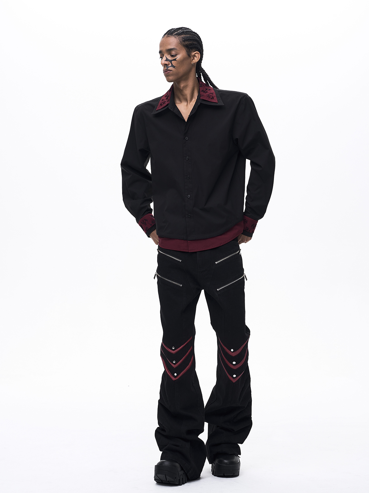 FAKE TWO-PIECE DOUBLE COLLAR SHIRT-BLACK