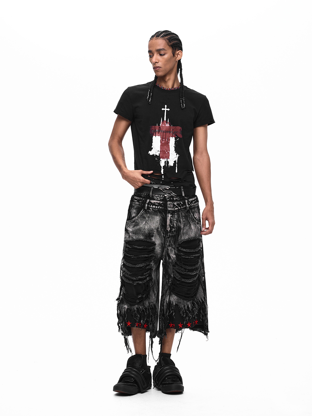 DOUBLE WAIST DISTRESSED FRINGE JORTS
