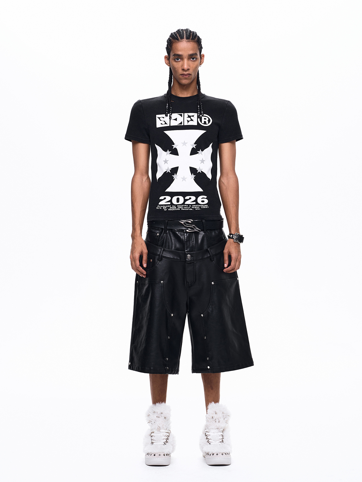 DOUBLE WAIST STUDDED CROSS PU LEATHER JORTS