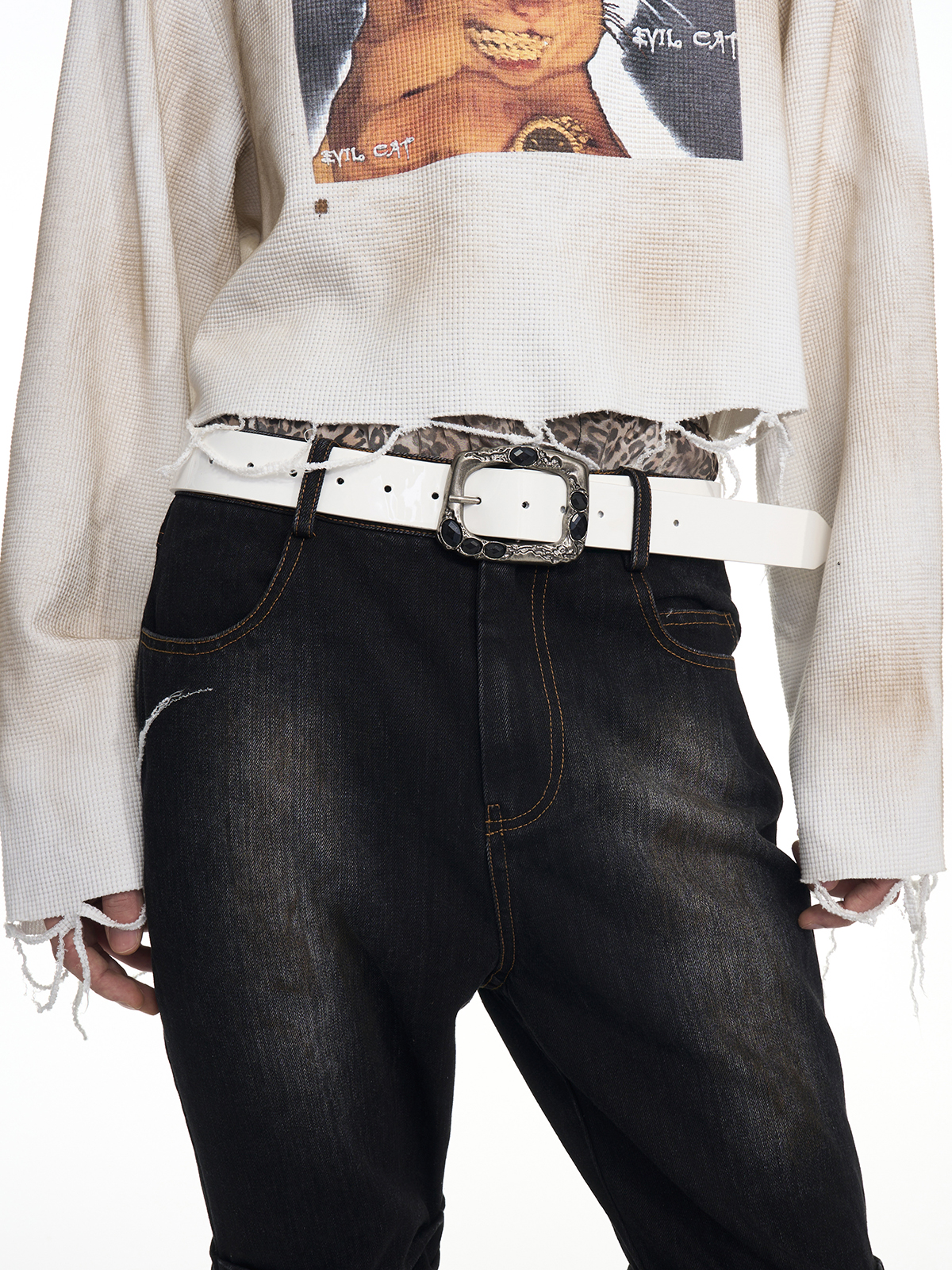 VINTAGE GEMSTONE BUCKLE LEATHER BELT-WHITE