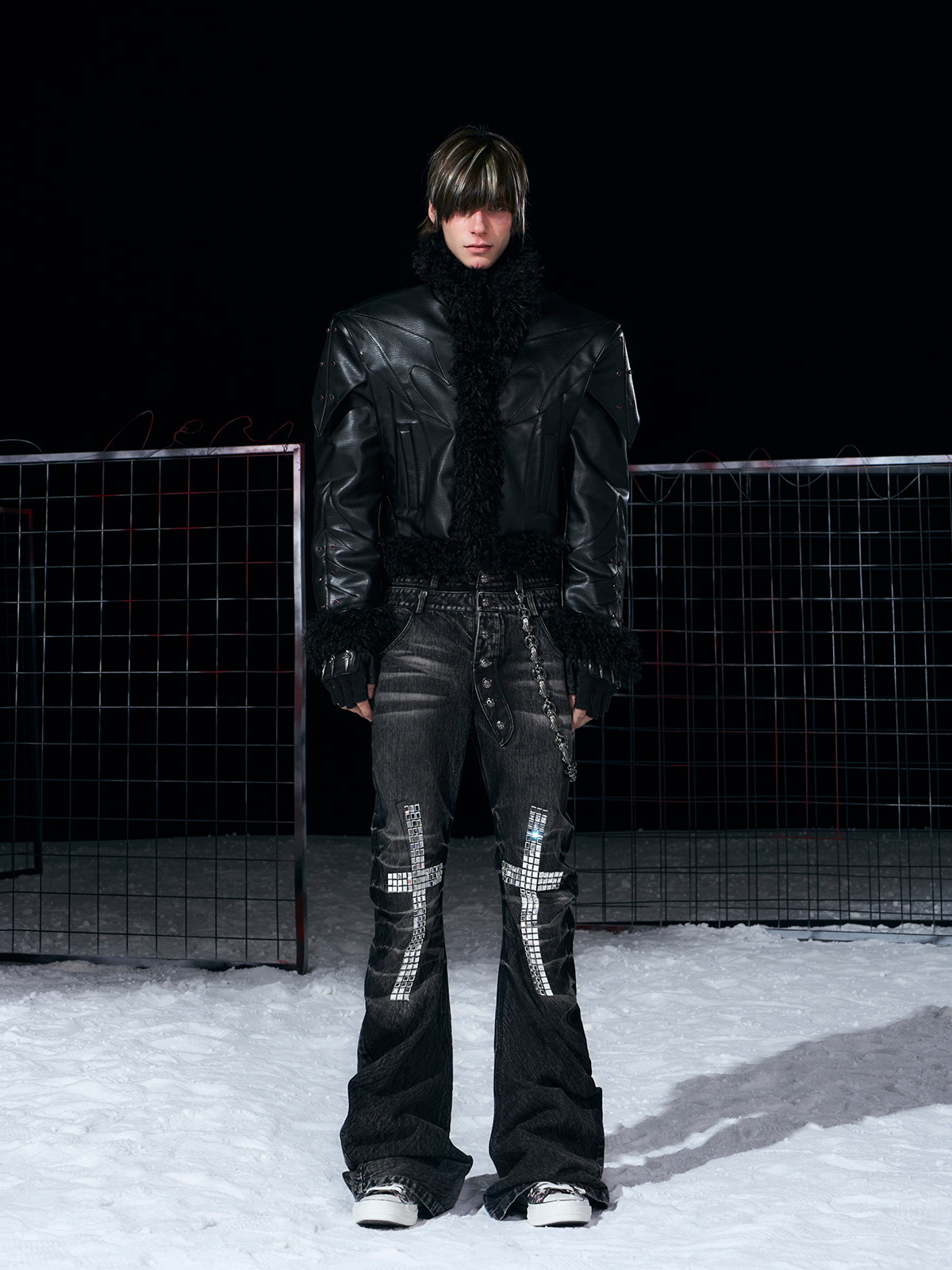 DECONSTRUCTED FUR-TRIM PADDED LEATHER JACKET
