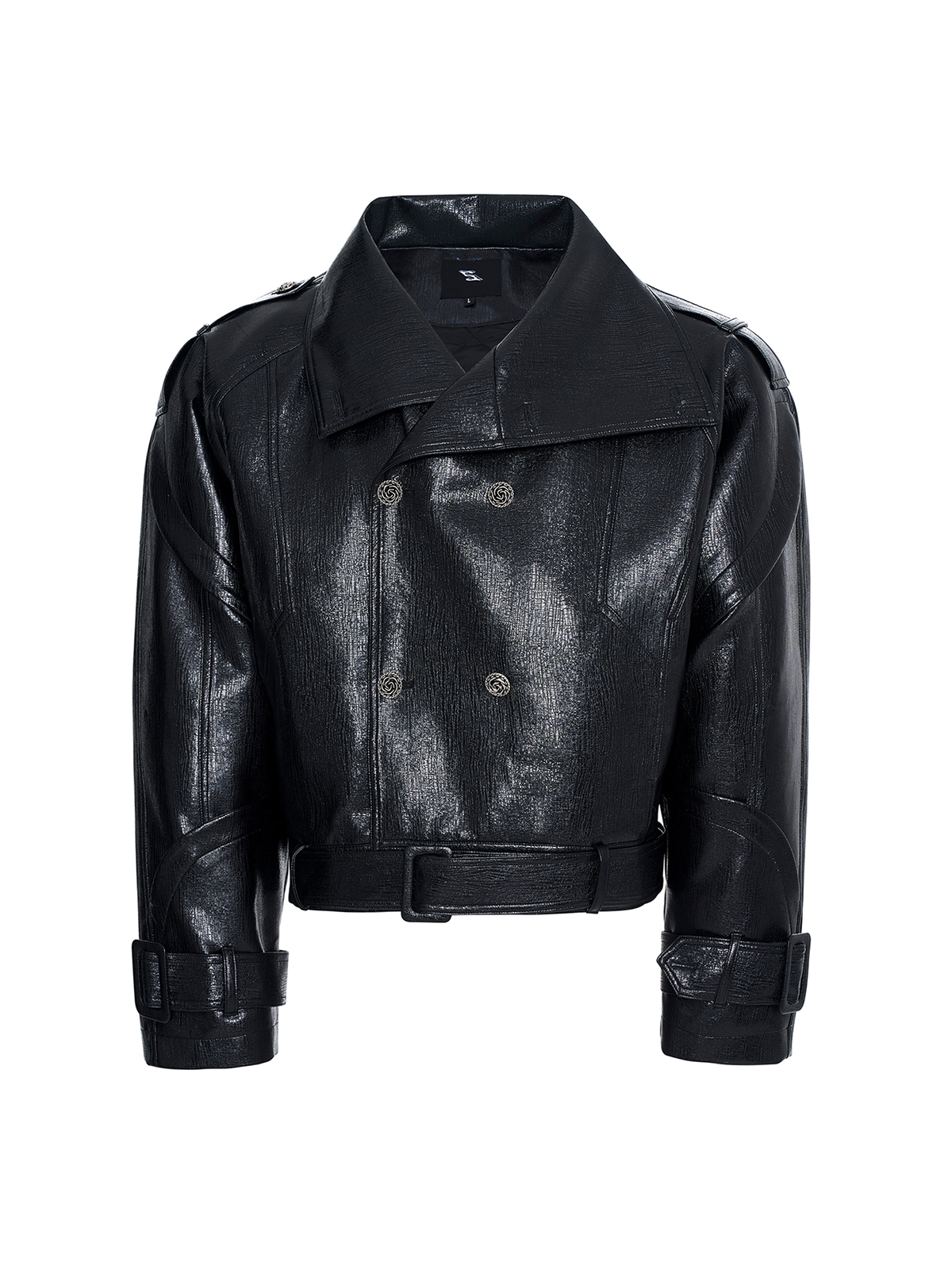 Padded Double-Breasted Cropped Leather Jacket