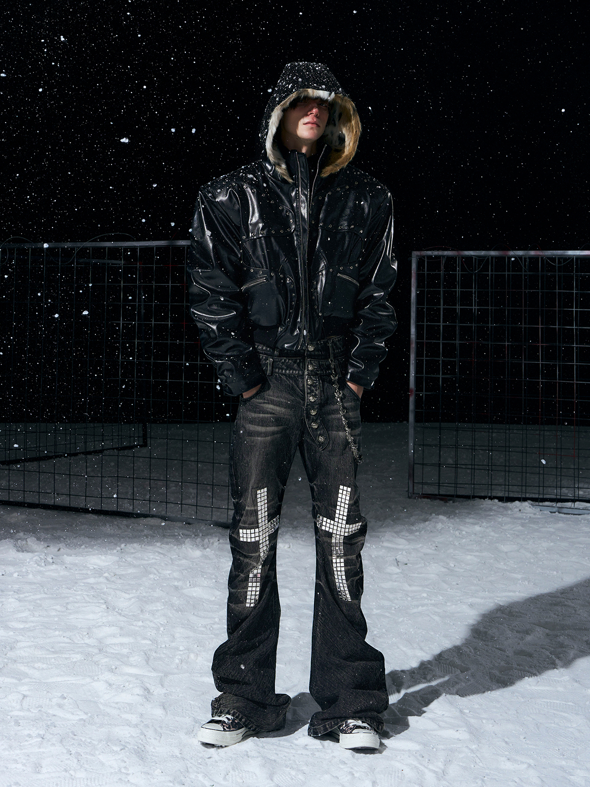 STUDDED FAUX LEATHER BOMBER WITH FUR-LINED HOOD