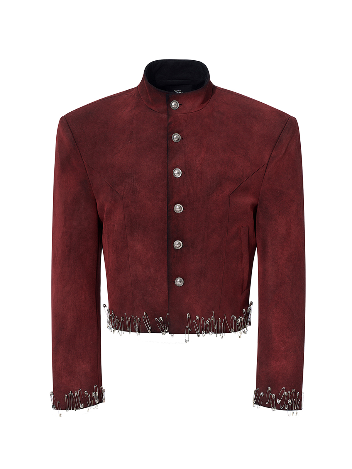 DISTRESSED SUEDE SAFETY PIN CROPPED JACKET-RED