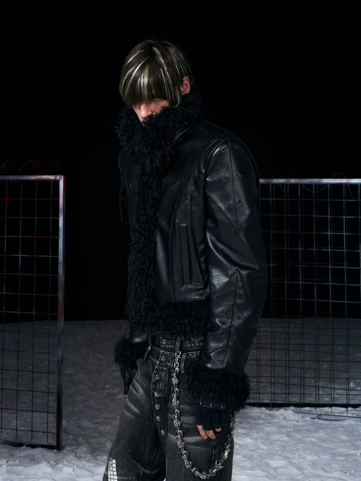 DECONSTRUCTED FUR-TRIM PADDED LEATHER JACKET