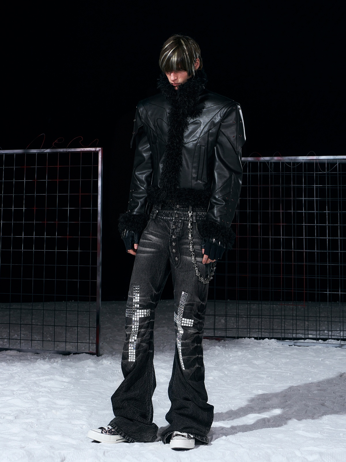 DECONSTRUCTED FUR-TRIM PADDED LEATHER JACKET