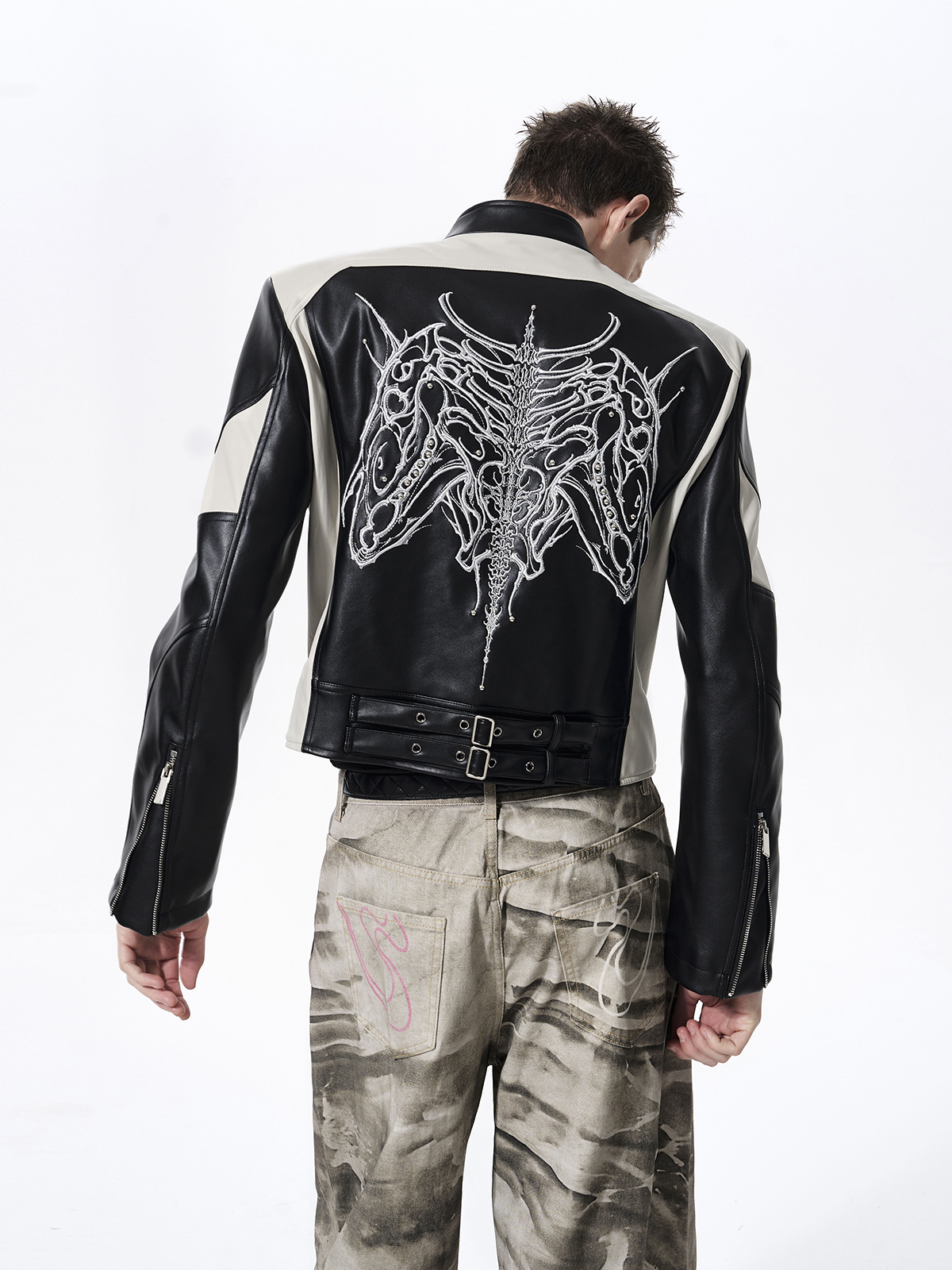 EMBROIDERED SKELETAL HORSE MOTO JACKET-BLACK