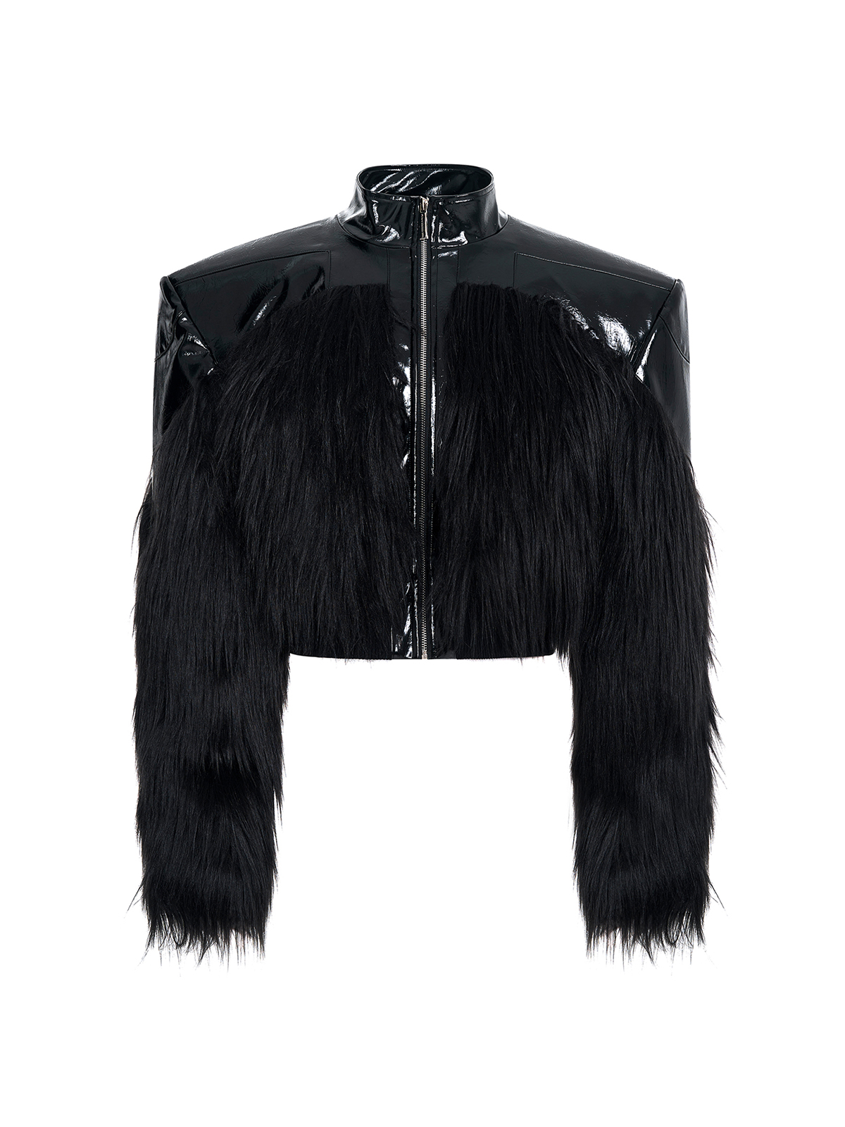 SHAGGY FAUX FUR PANEL CROPPED LEATHER JACKET-BLACK