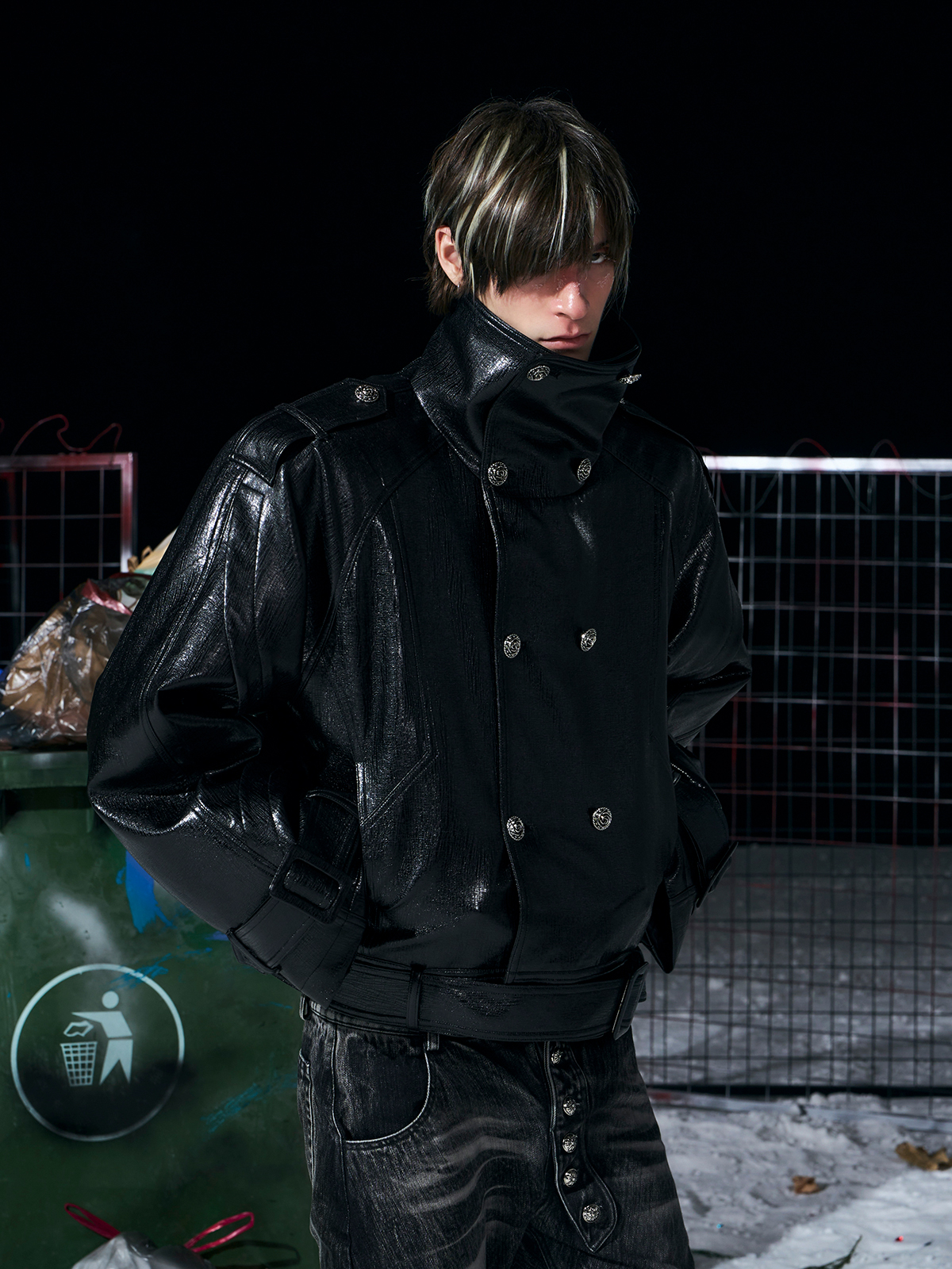 Padded Double-Breasted Cropped Leather Jacket