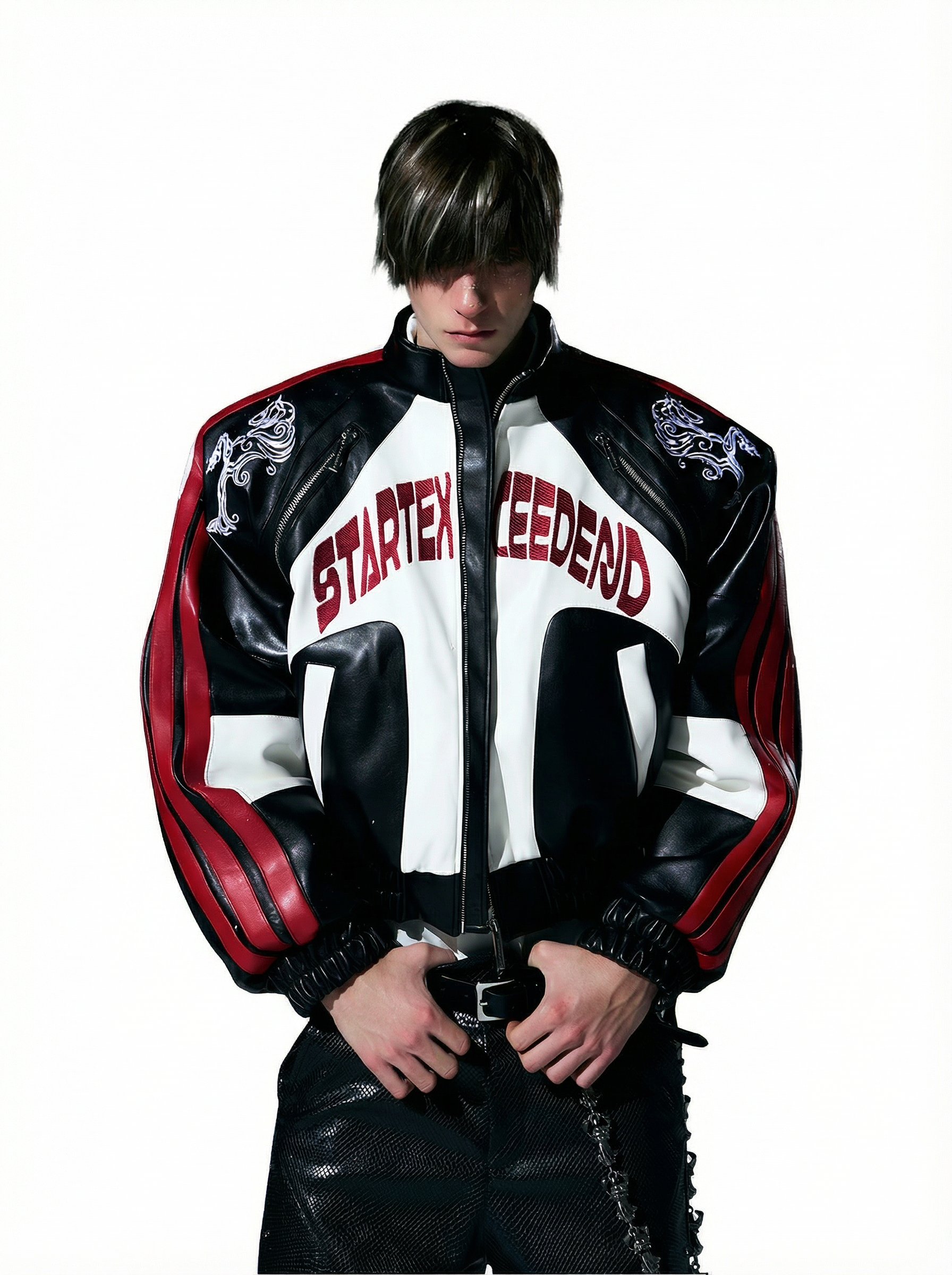 BLACK & RED EMBROIDERED FAUX LEATHER RACING JACKET