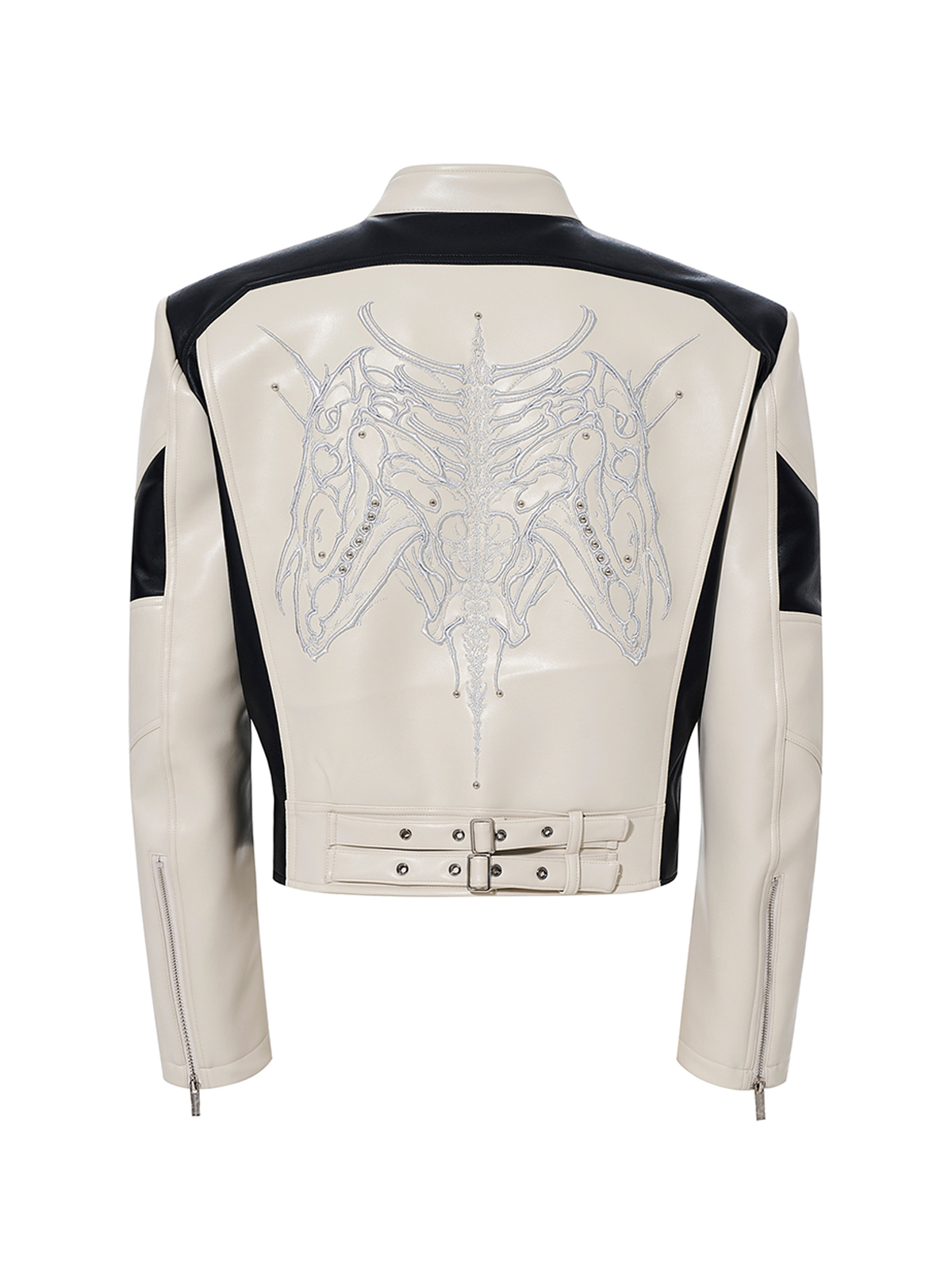 EMBROIDERED SKELETAL HORSE MOTO JACKET-WHITE