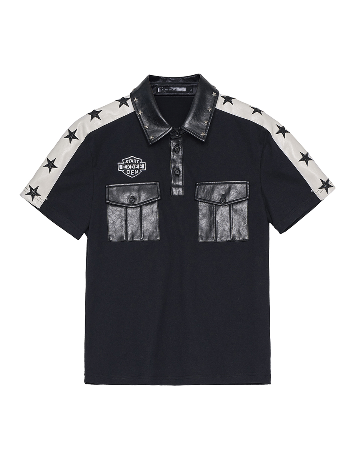 STAR STUDDED LEATHER-PANEL POLO SHIRT