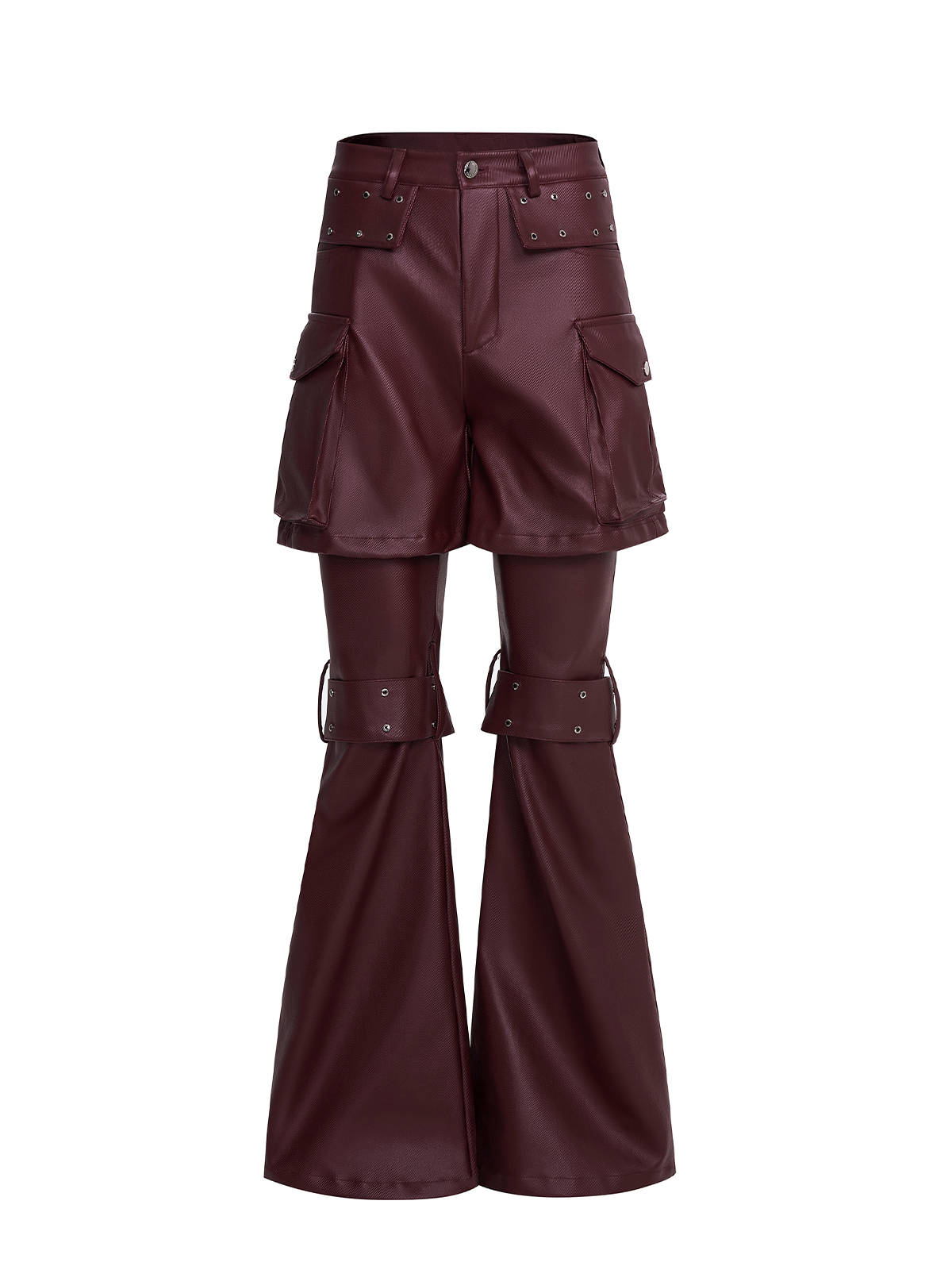DECONSTRUCTED 2-IN-1 RIVET CARGO LEATHER PANTS-BURGUNDY