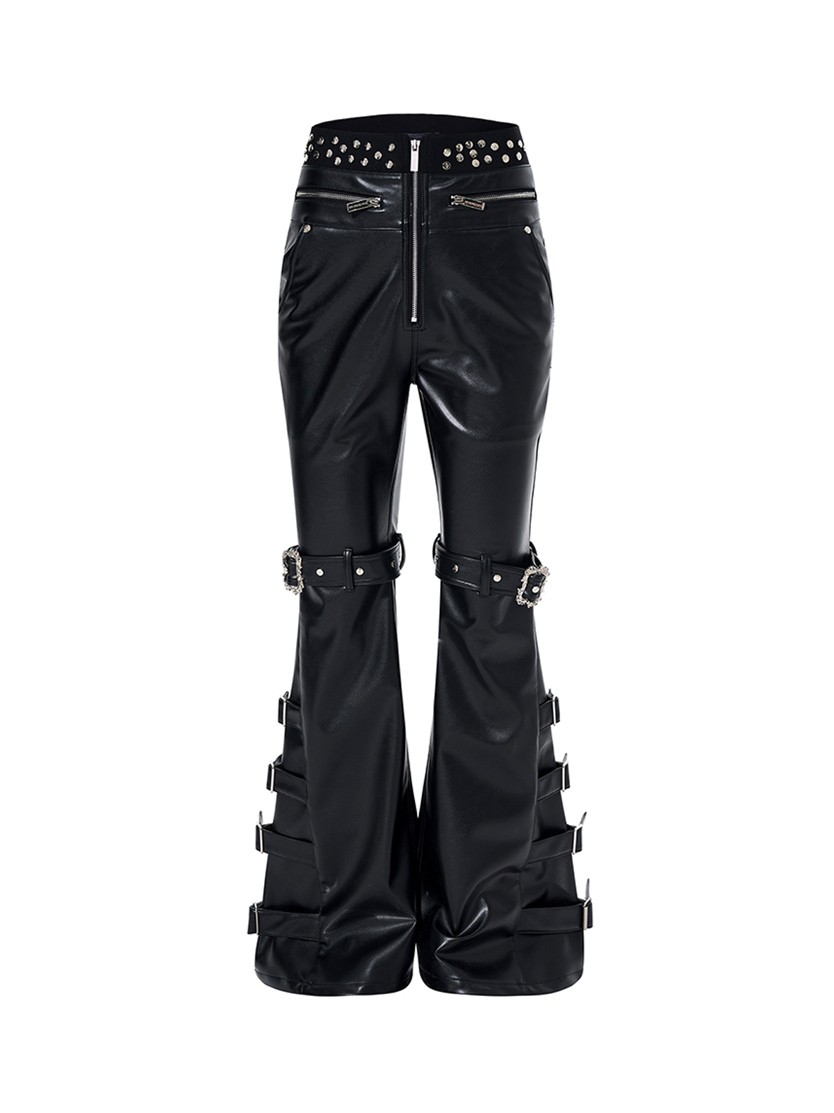MULTI-BUCKLE STRAP RIVET FLARED PU LEATHER PANTS