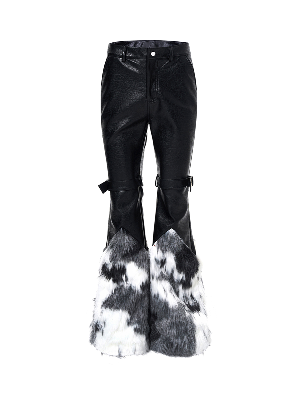 FAUX FUR SPLICED BUCKLE STRAP FLARED LEATHER PANTS
