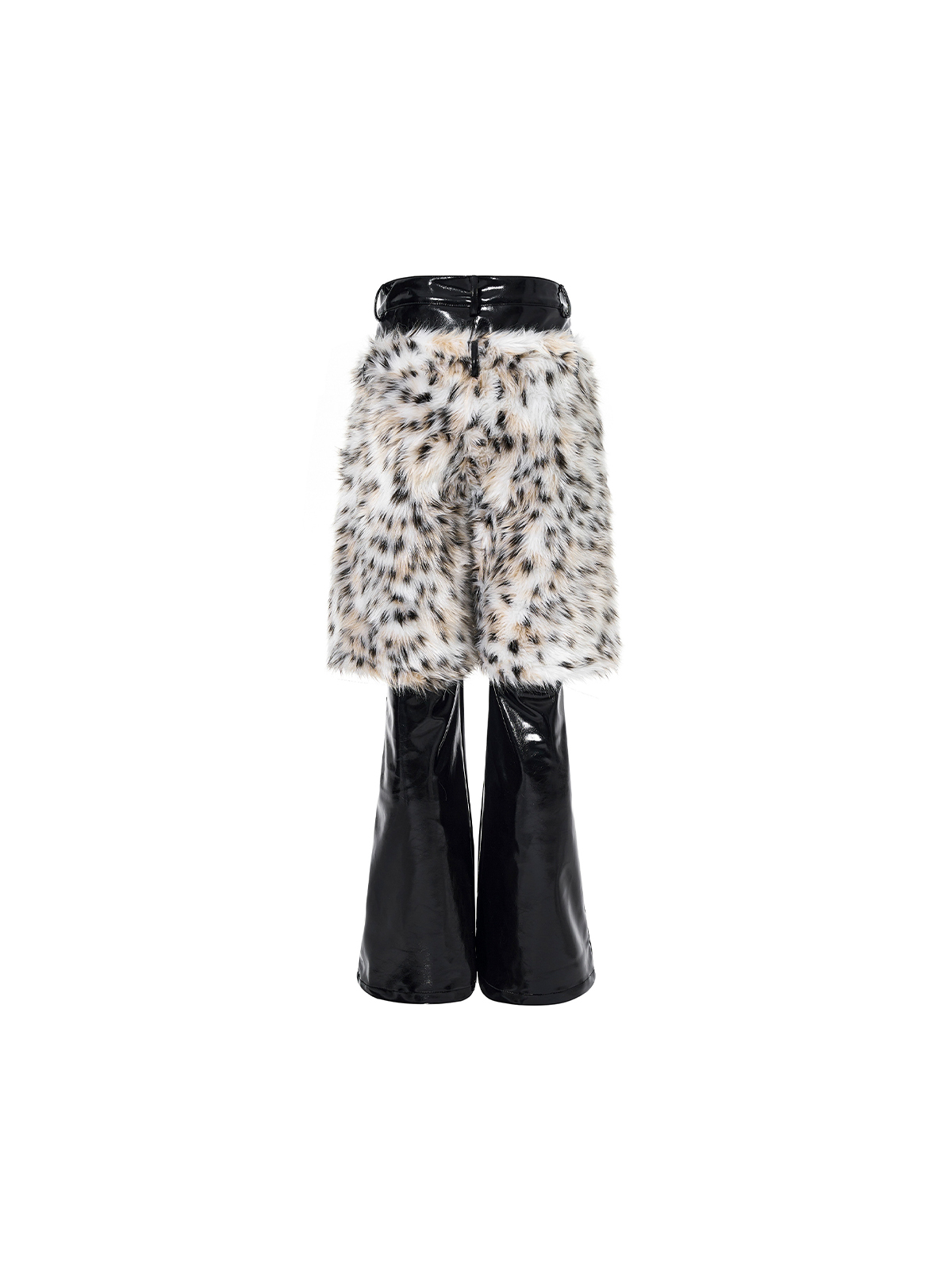 LEOPARD FUR LAYERED PATENT LEATHER FLARED PANTS