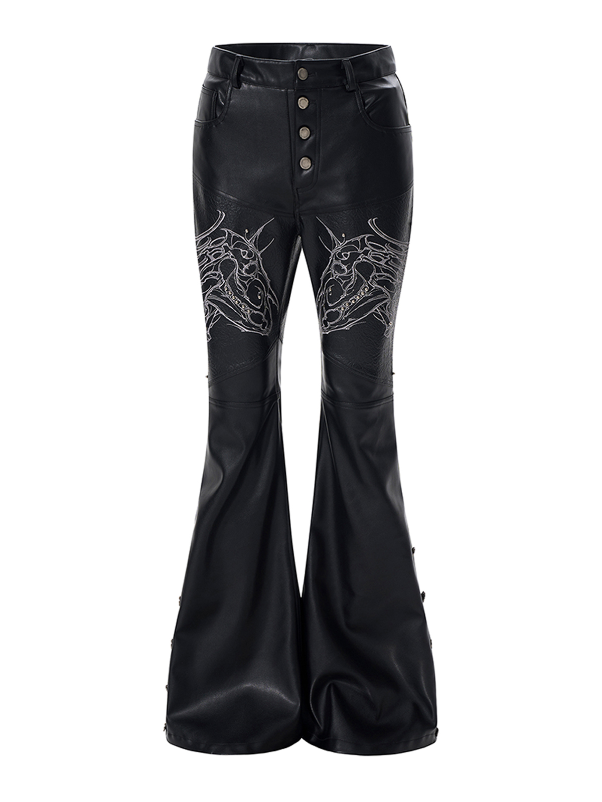 SKELETAL HORSE FLARED FAUX LEATHER PANTS-BLACK