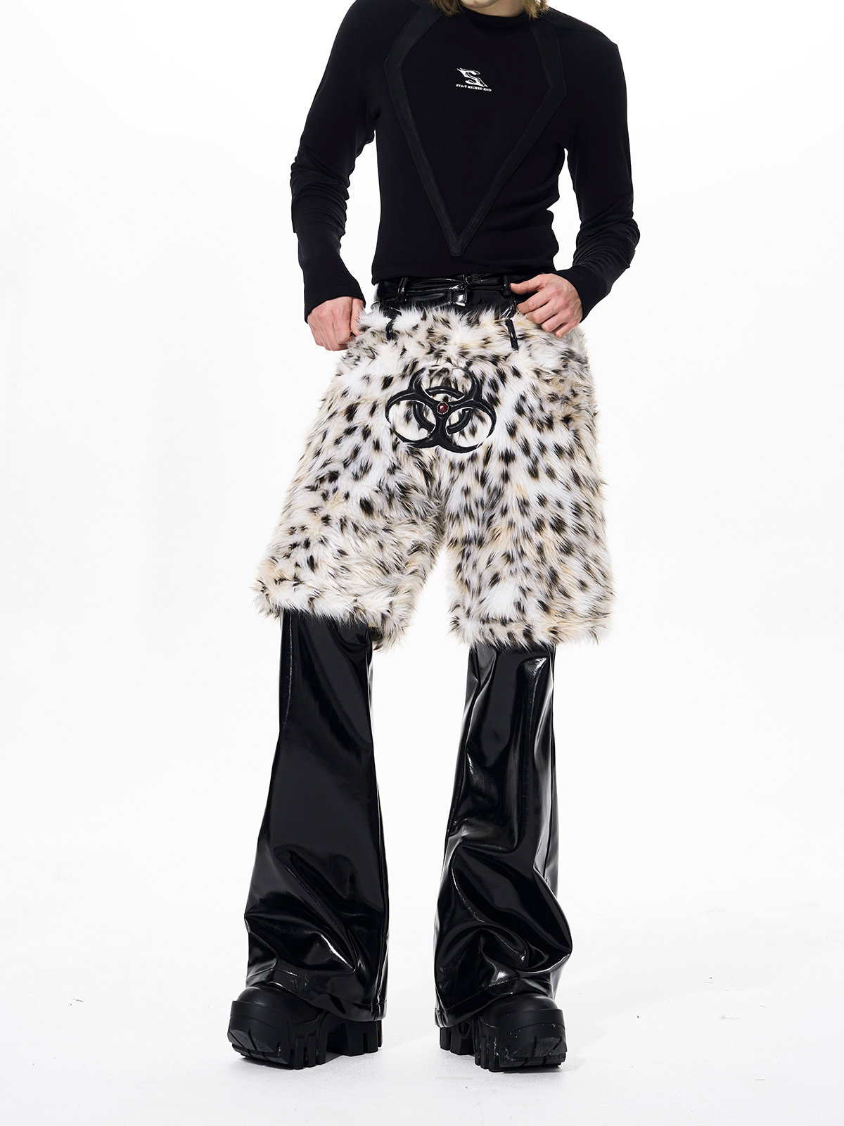 LEOPARD FUR LAYERED PATENT LEATHER FLARED PANTS