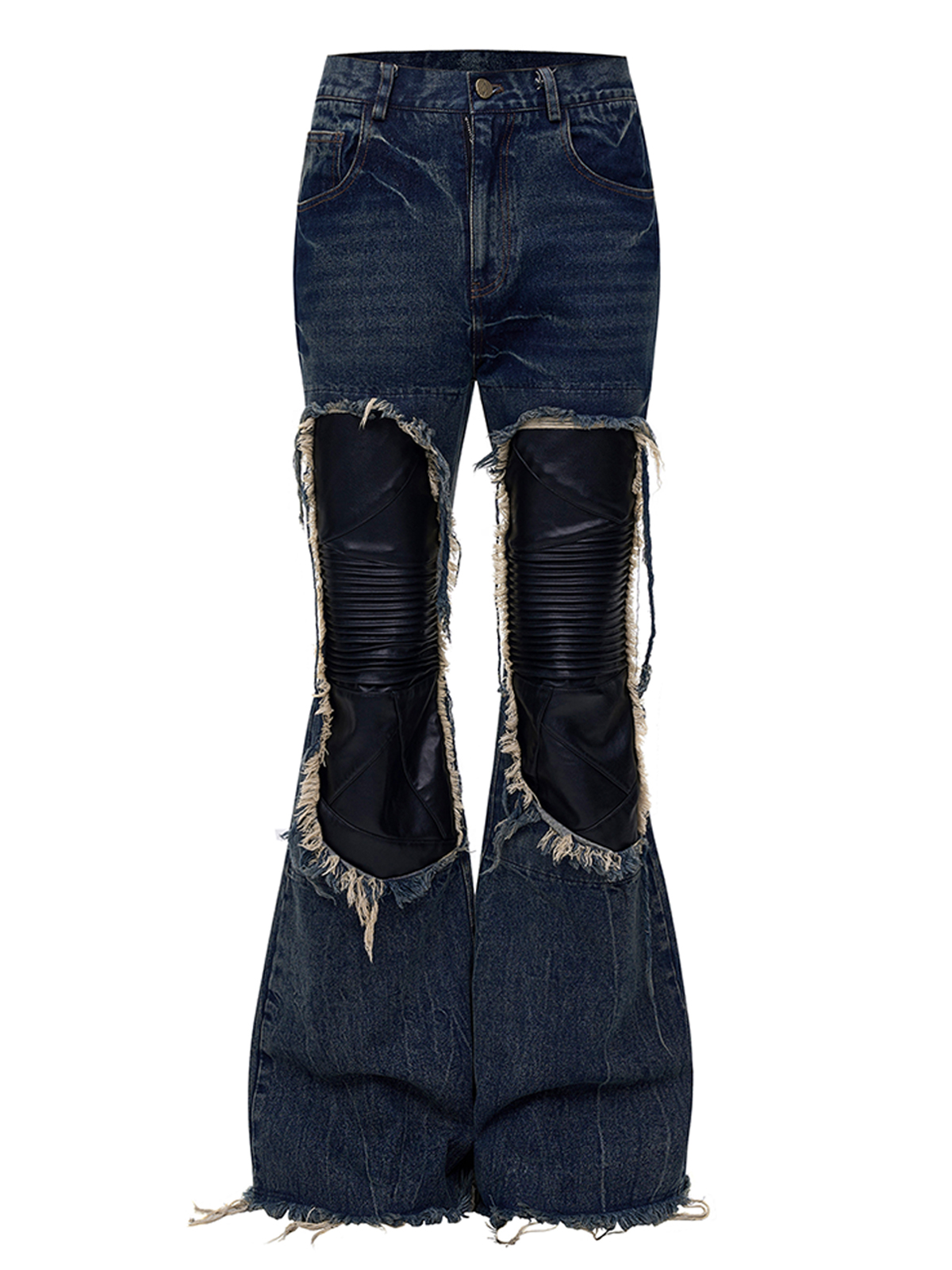LEATHER PATCHWORK FLARED DENIM