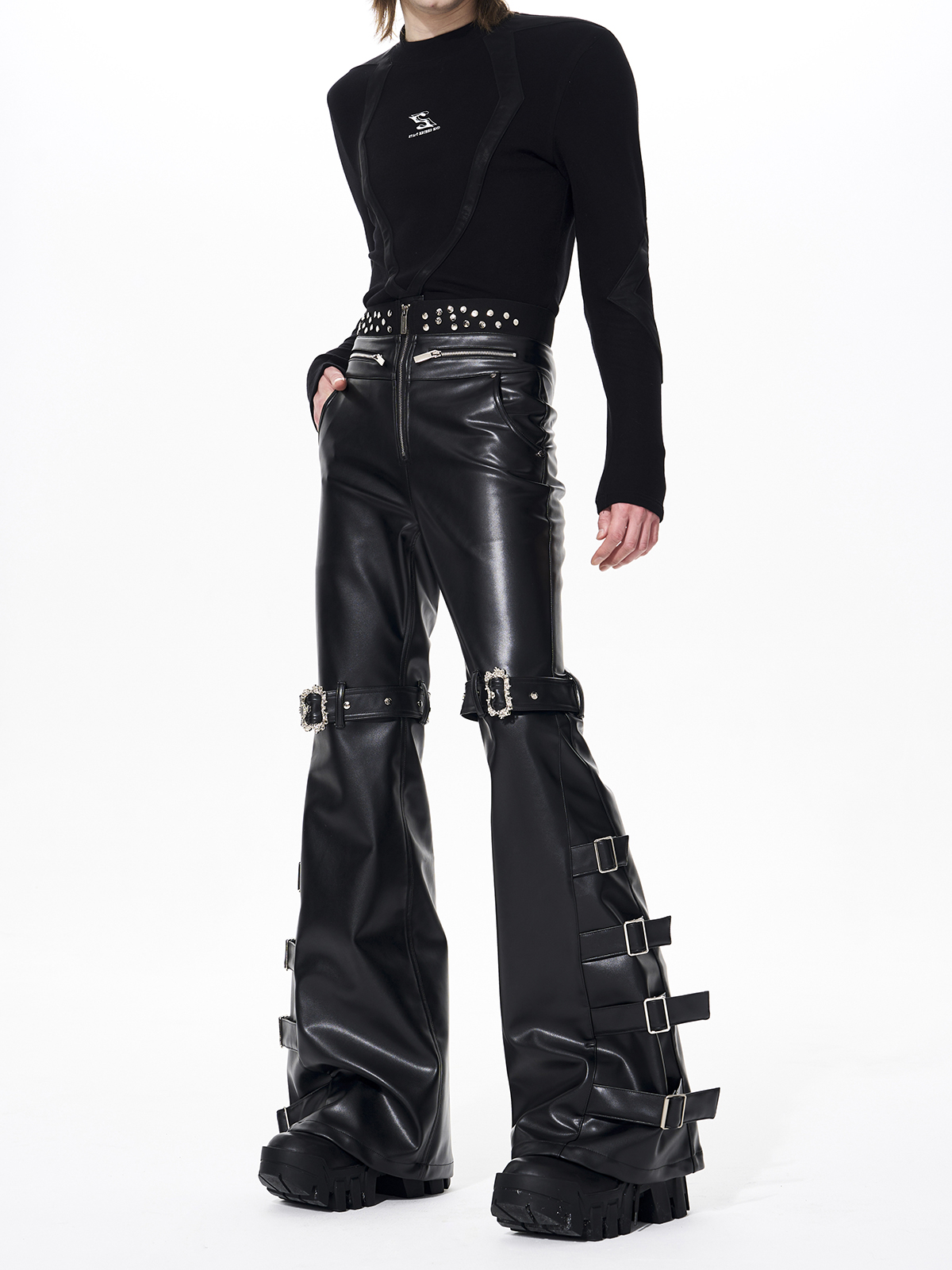 MULTI-BUCKLE STRAP RIVET FLARED PU LEATHER PANTS
