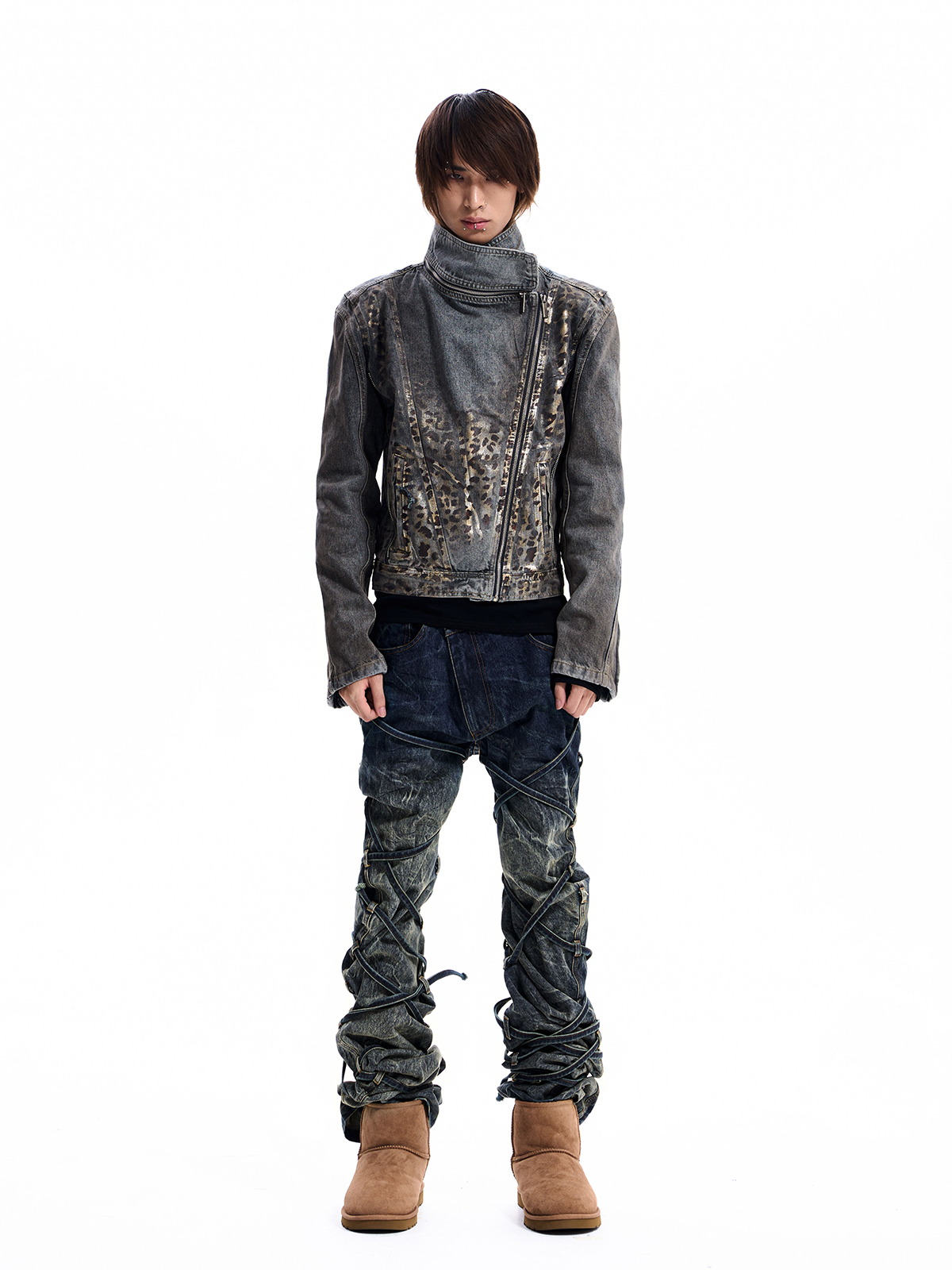 LEOPARD ASYMMETRIC DENIM JACKET