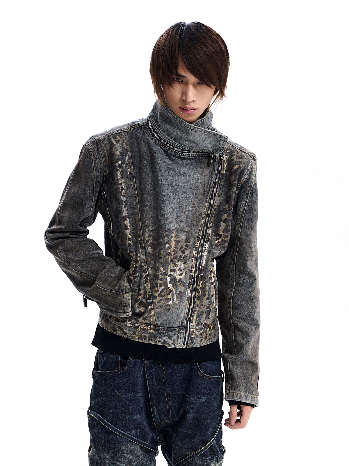 LEOPARD ASYMMETRIC DENIM JACKET