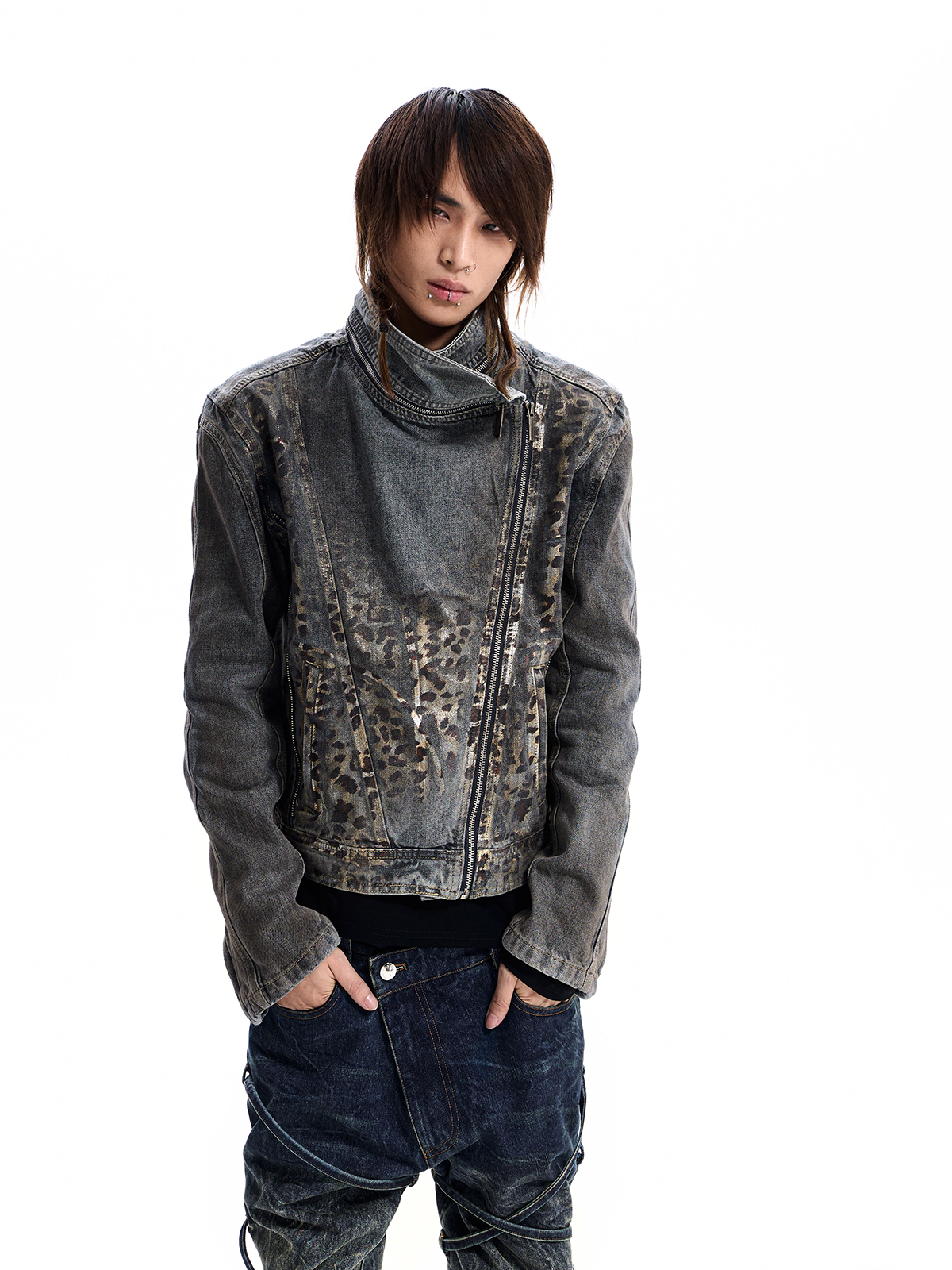 LEOPARD ASYMMETRIC DENIM JACKET