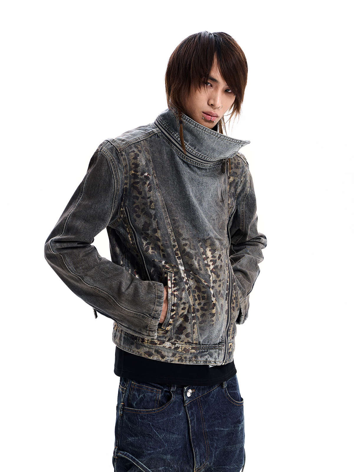 LEOPARD ASYMMETRIC DENIM JACKET