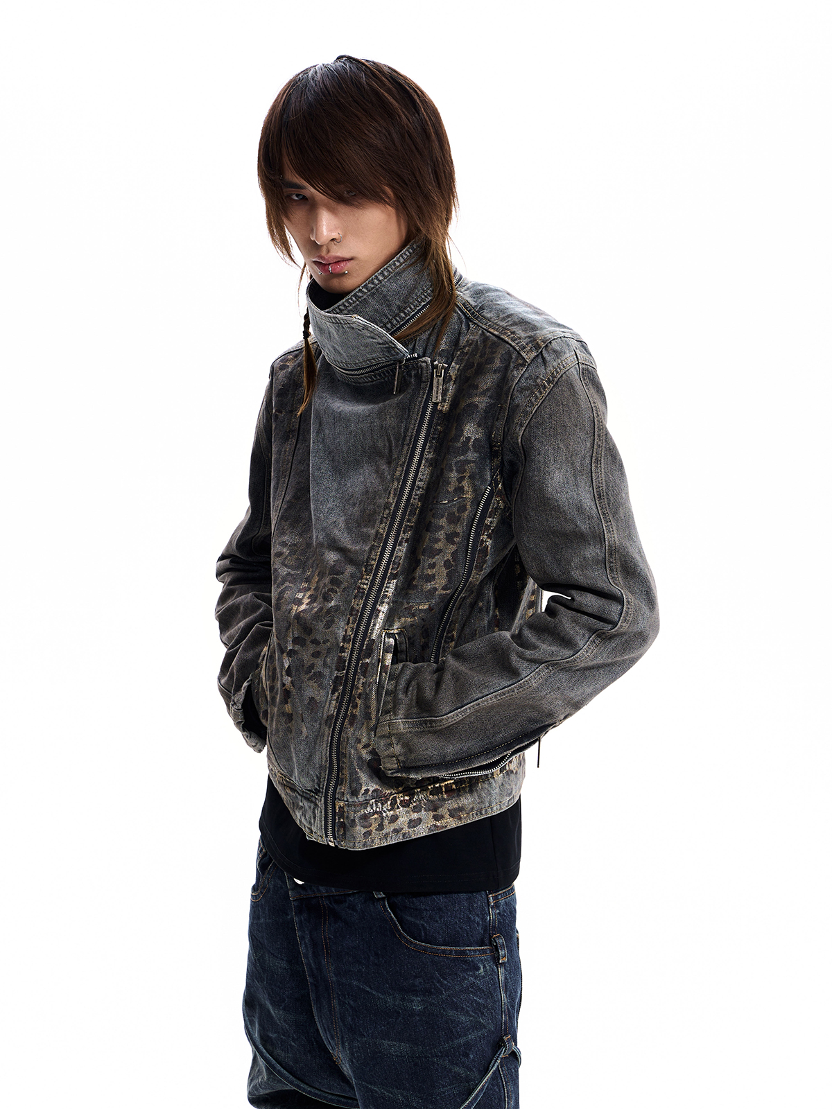 LEOPARD ASYMMETRIC DENIM JACKET