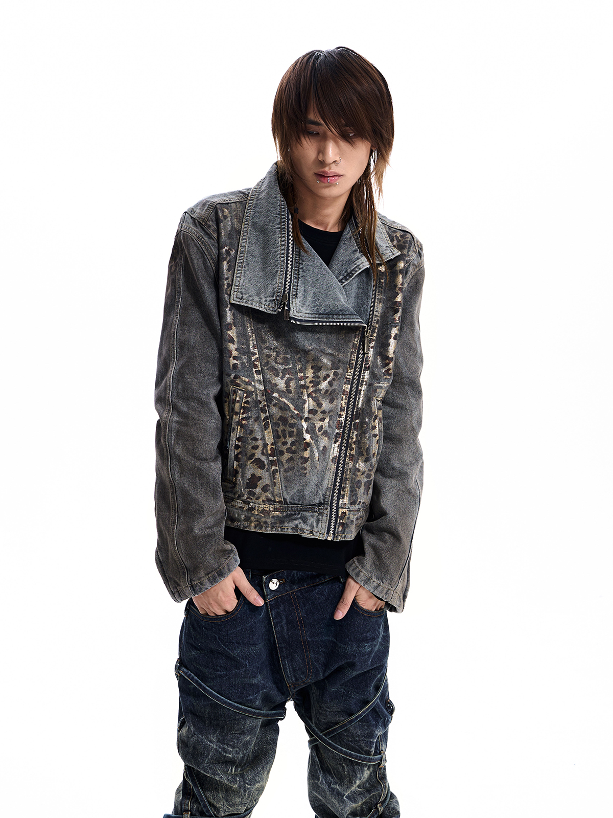 LEOPARD ASYMMETRIC DENIM JACKET