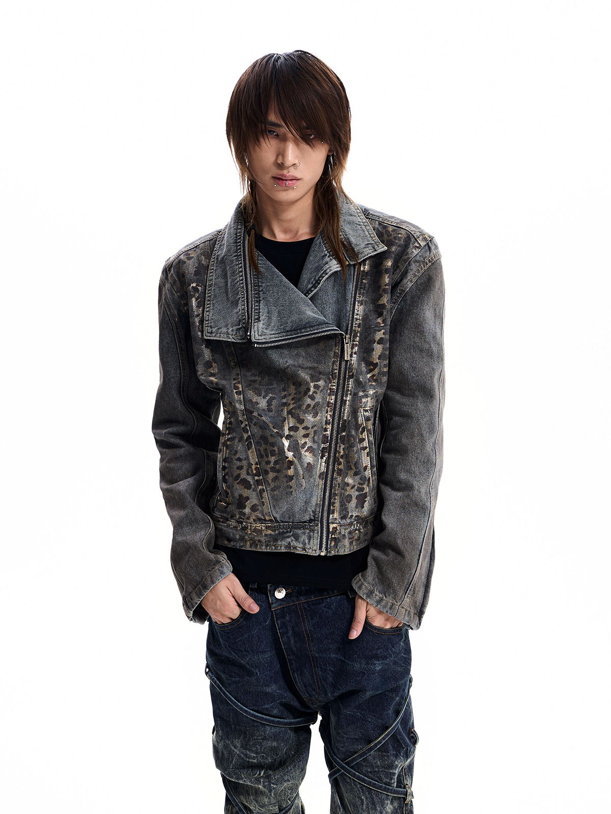 LEOPARD ASYMMETRIC DENIM JACKET