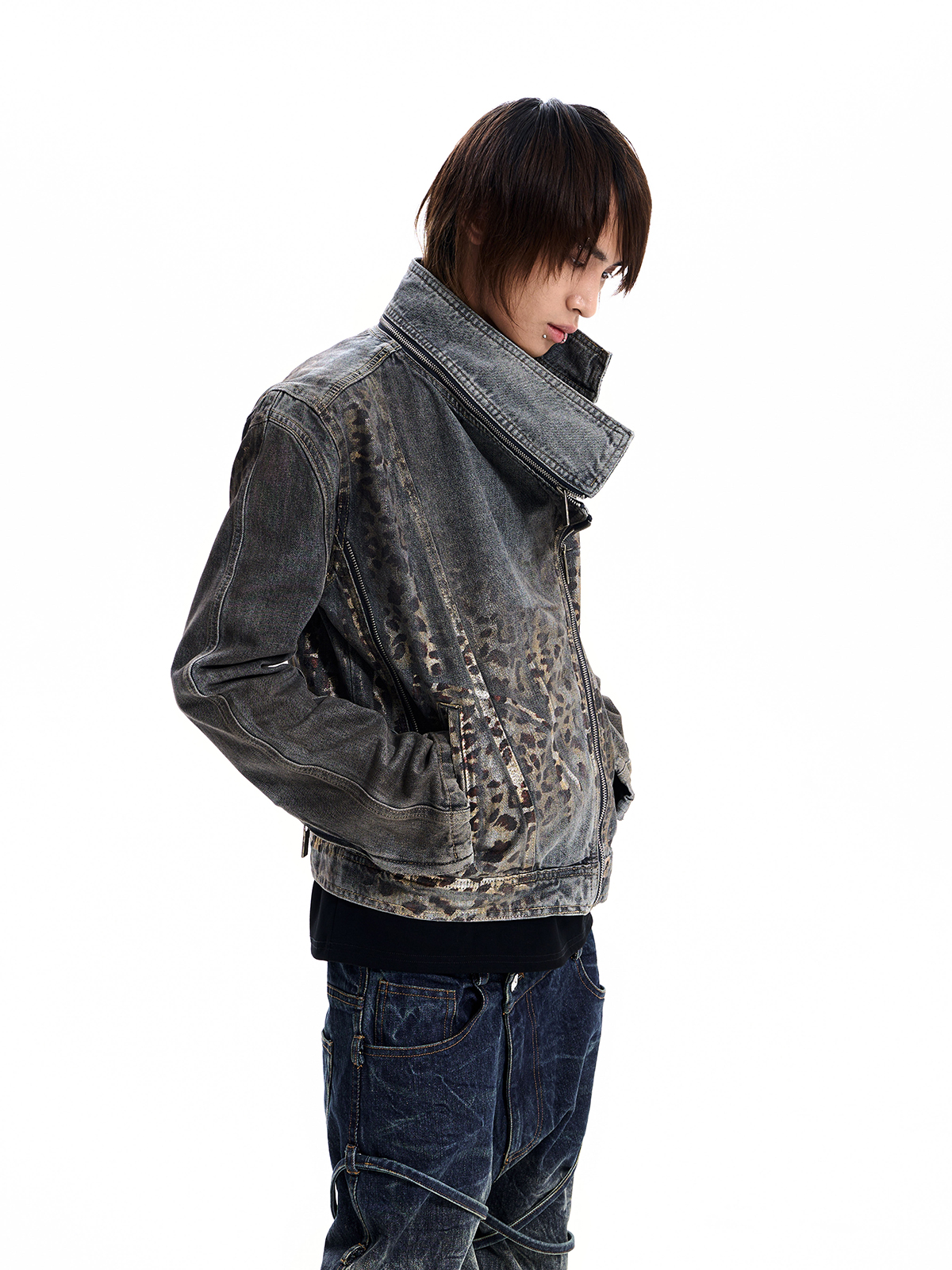 LEOPARD ASYMMETRIC DENIM JACKET
