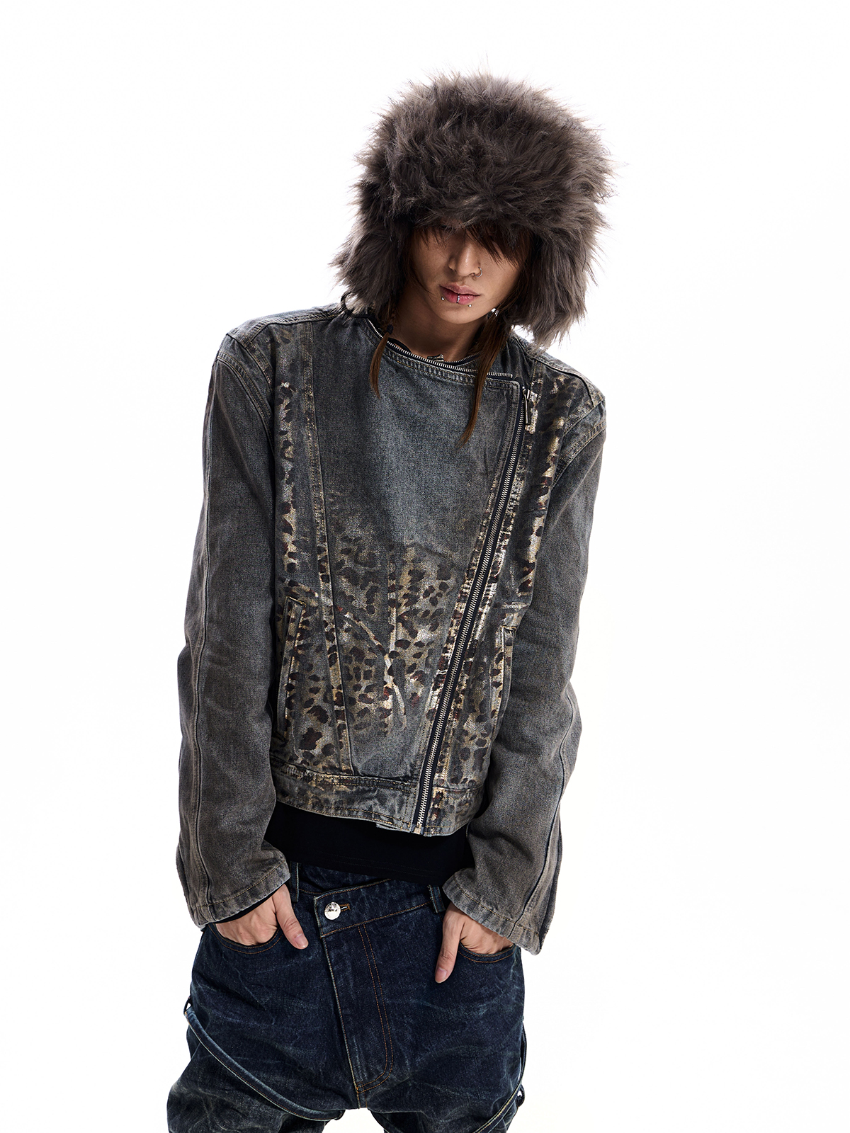 LEOPARD ASYMMETRIC DENIM JACKET