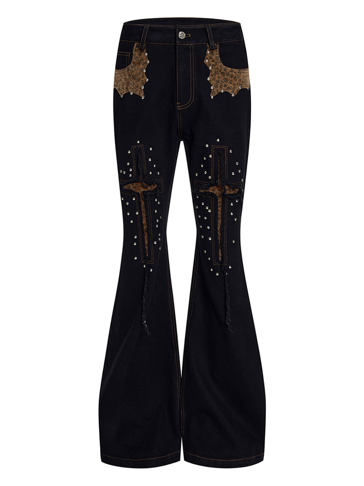 STUDDED LEOPARD CROSS PATCHWORK FLARED DENIM