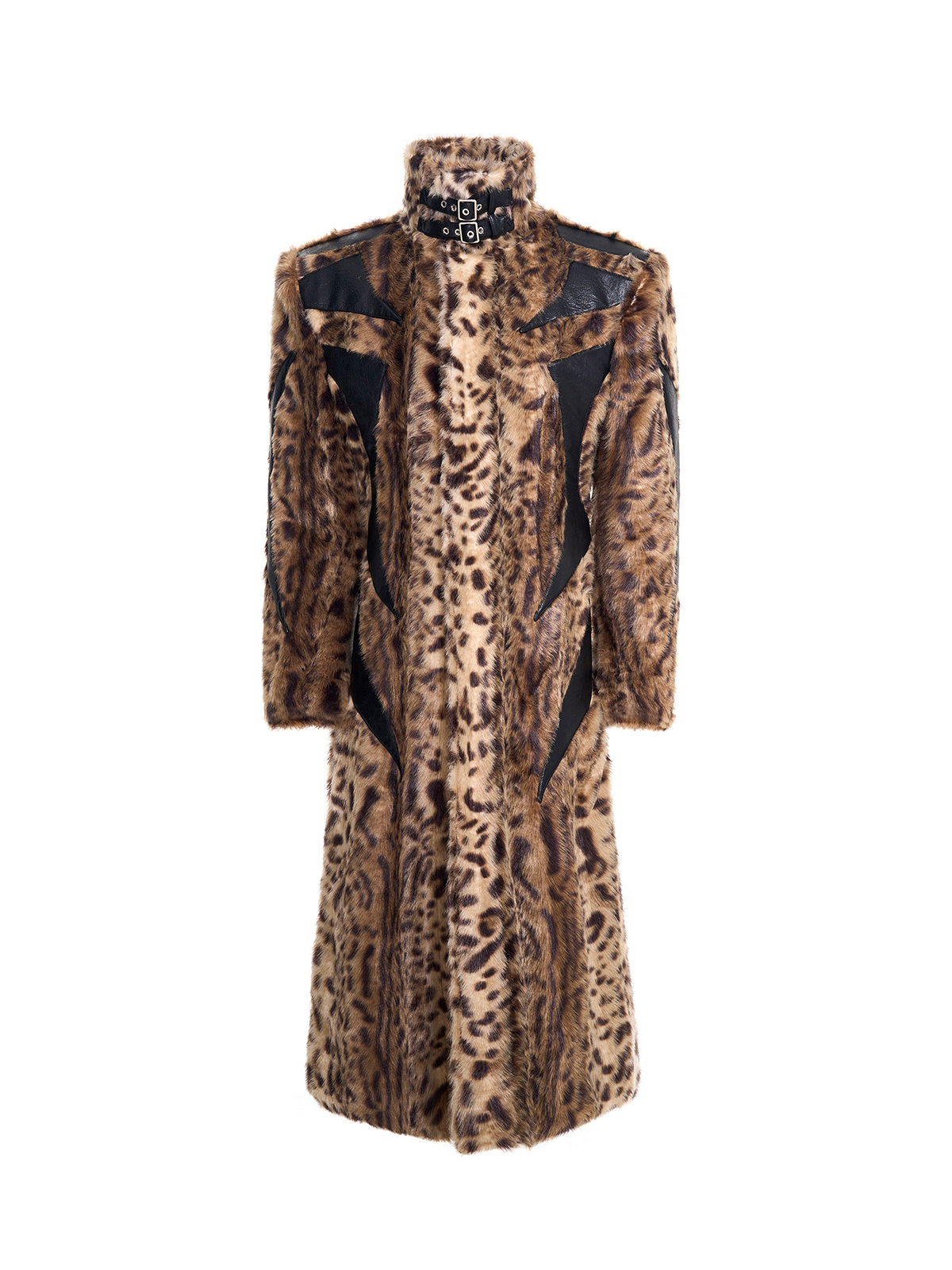 LEOPARD FAUX FUR LEATHER-PANEL MAXI COAT