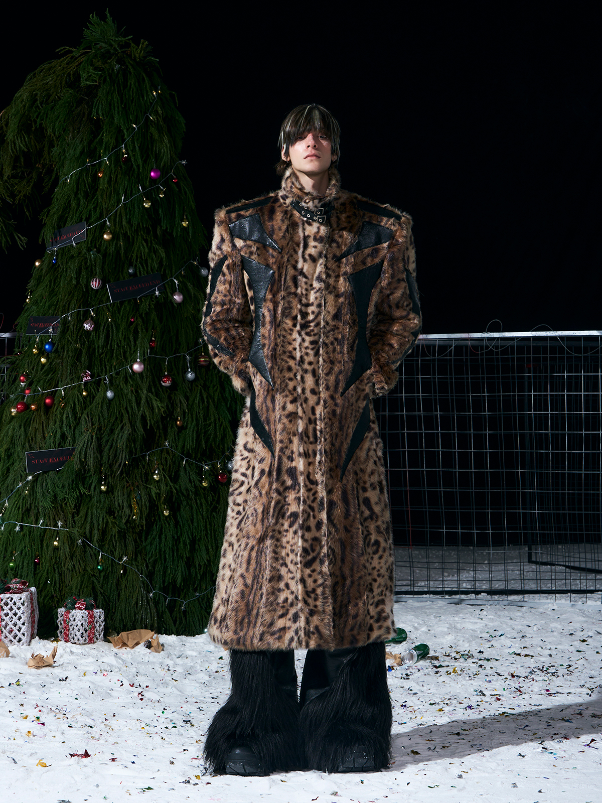 LEOPARD FAUX FUR LEATHER-PANEL MAXI COAT