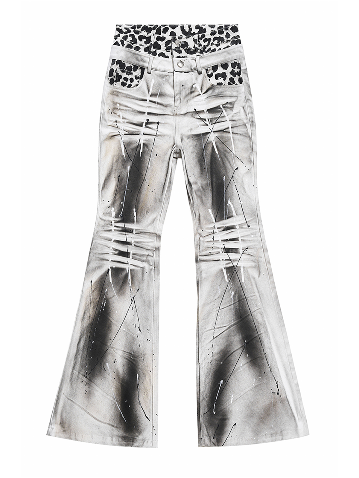 LEOPARD DOUBLE WAISTBAND FLARE JEANS-DIRTY WASH
