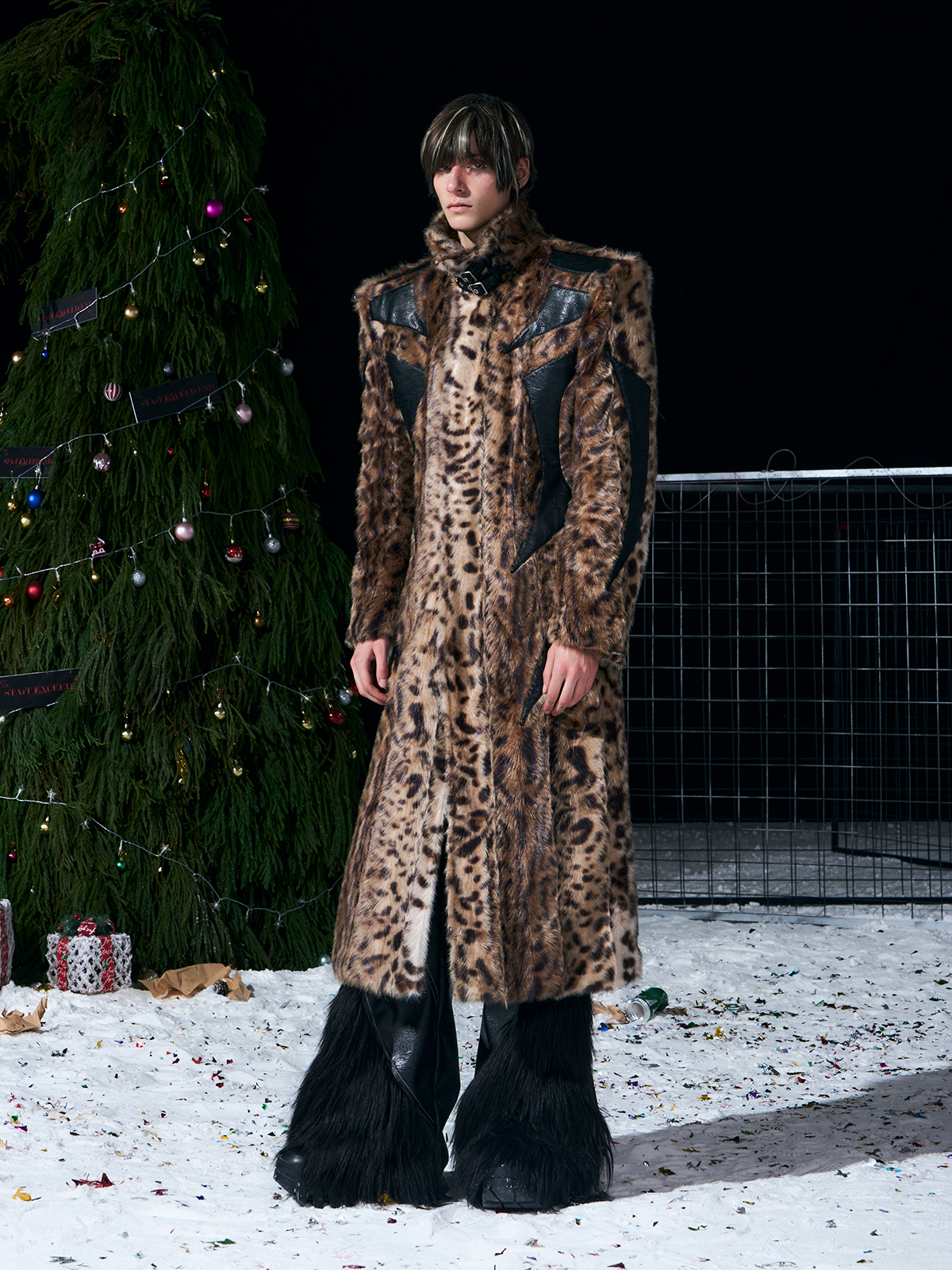 LEOPARD FAUX FUR LEATHER-PANEL MAXI COAT