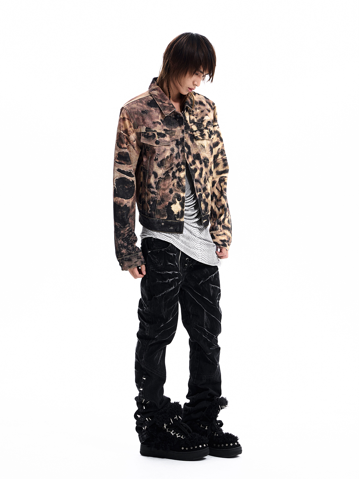 LEOPARD RHINESTONE SKULL DENIM JACKET