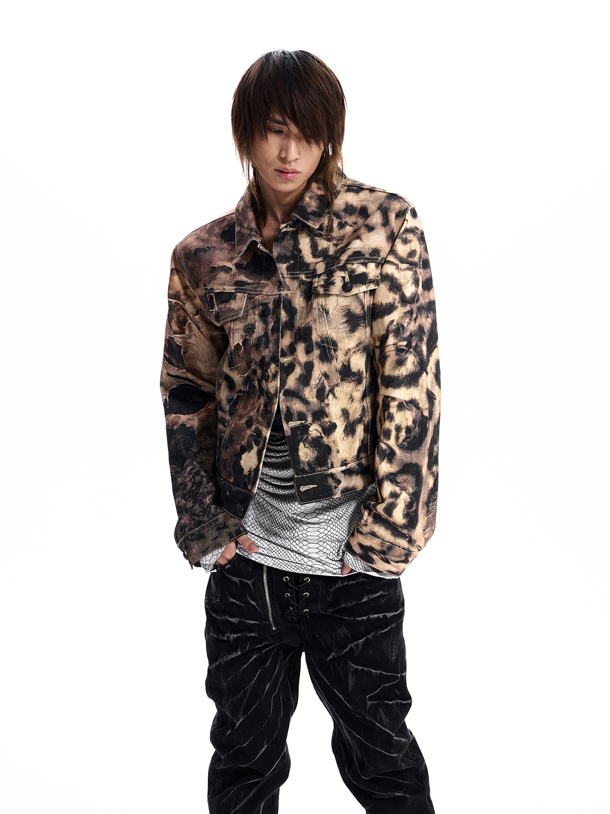 LEOPARD RHINESTONE SKULL DENIM JACKET